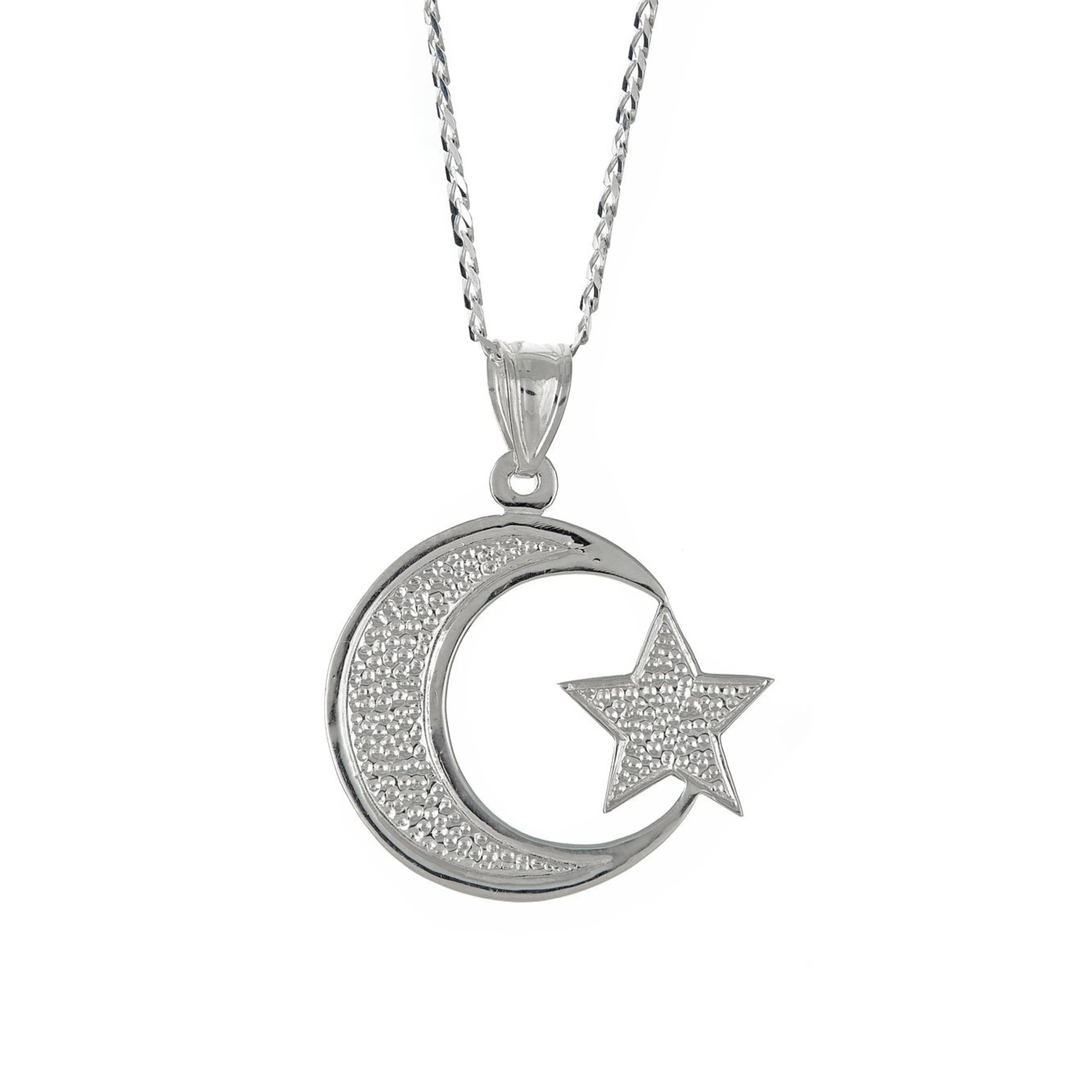 Better Jewelry Sterling Silver .925  Muslim / Islam Crescent Moon   Star Pendant w. Cuban Chain (Made in USA)