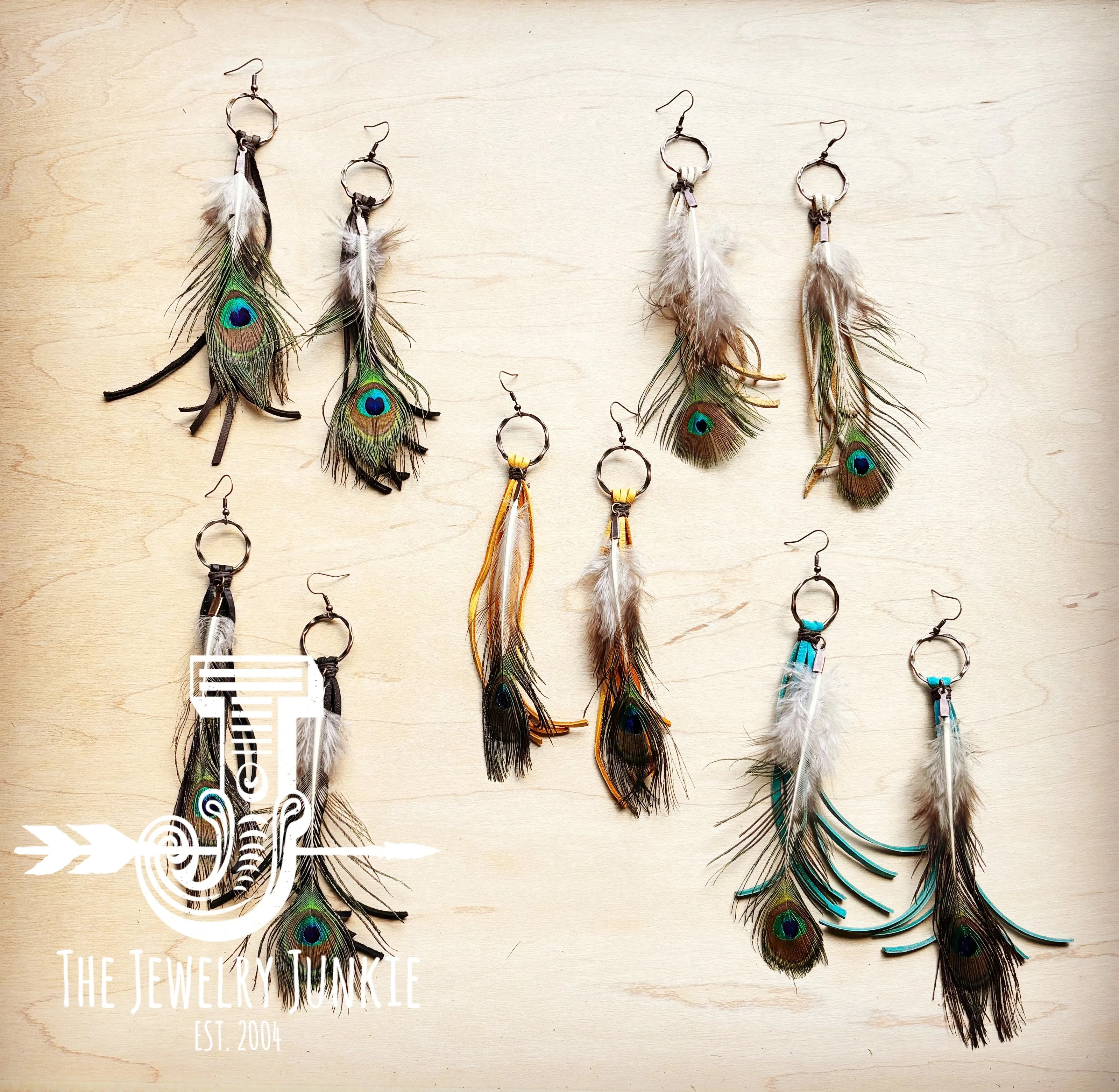 Black Deer Skin Leather Tassel Earring Peacock Feather 219j