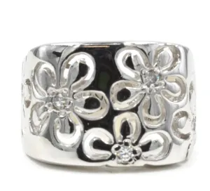 Bold Cutout Daisy Silvertone Fashion Ring with Tiny Cubic Zirconia