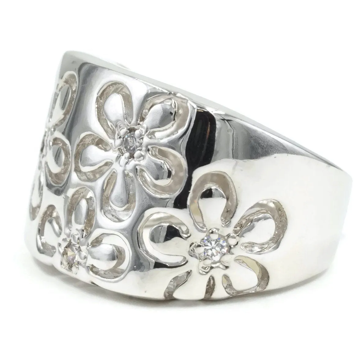 Bold Cutout Daisy Silvertone Fashion Ring with Tiny Cubic Zirconia