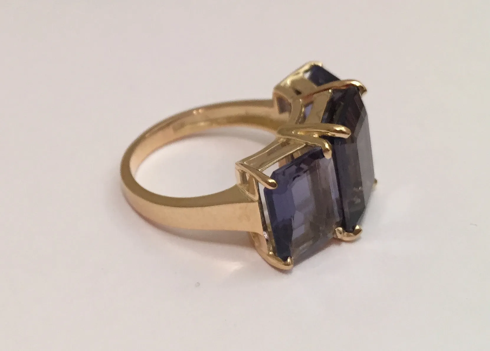 Bold Emerald Cut Iolite Three Stone Ring