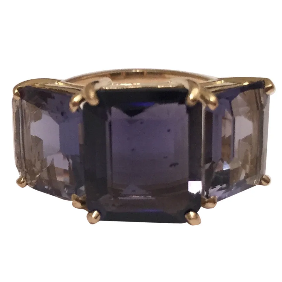 Bold Emerald Cut Iolite Three Stone Ring