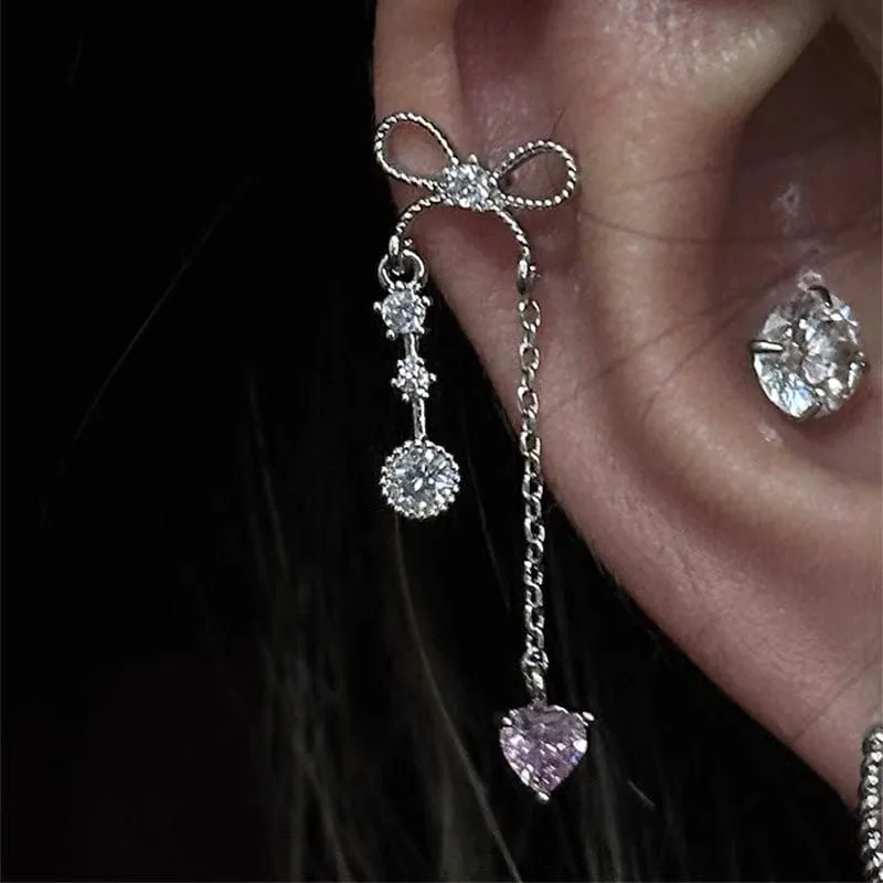 Chic Bowknot Heart Tassel Chain Earrings