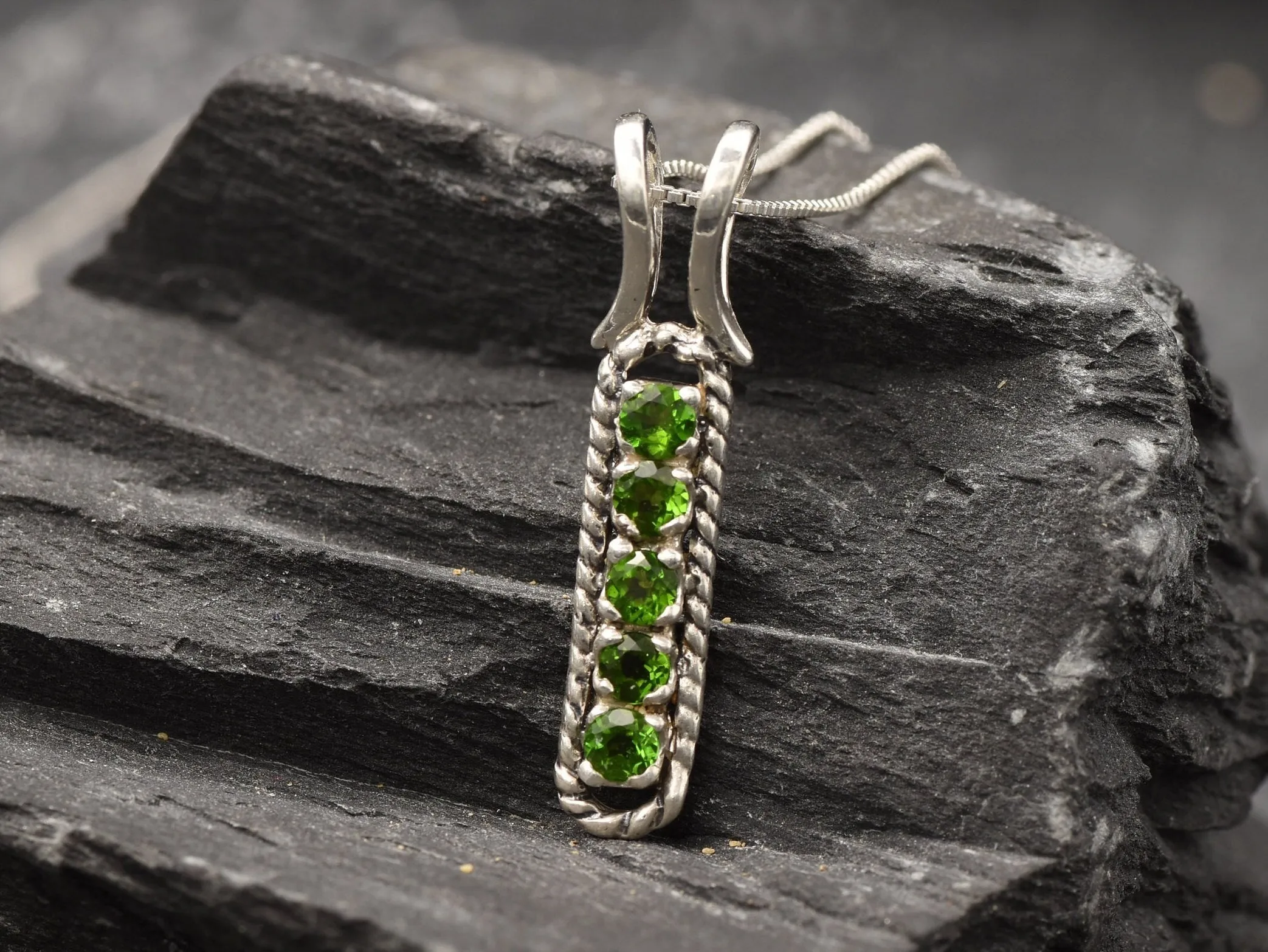 Chrome Diopside Pendant - Bright Green Necklace - Vertical Bar Necklace