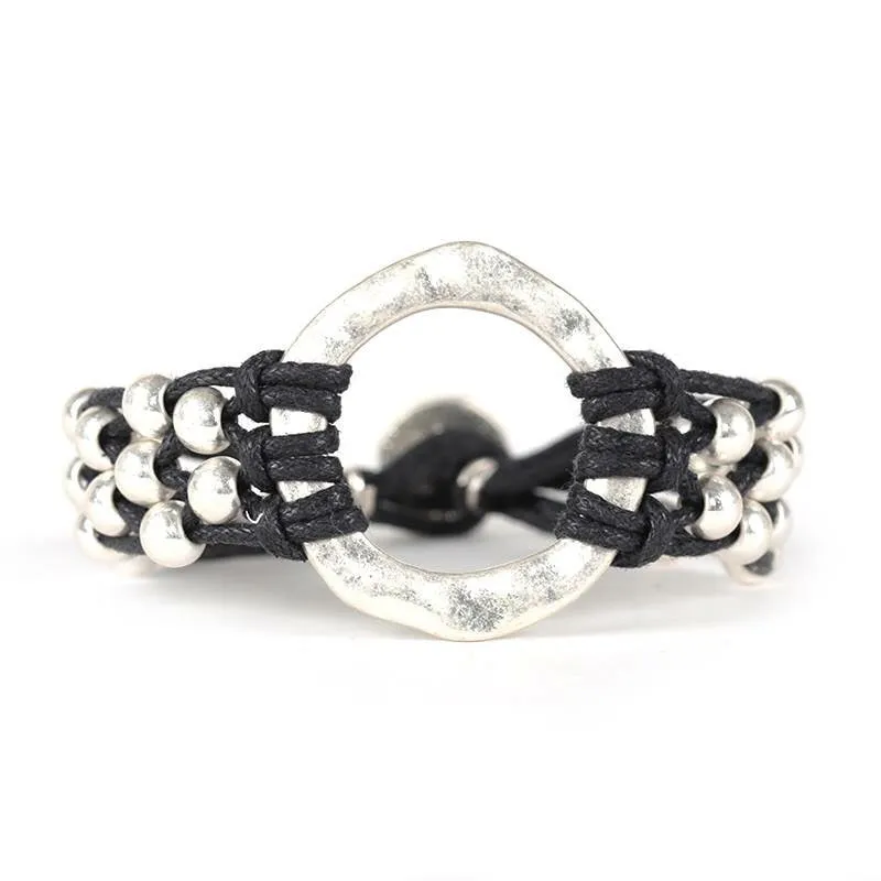 Circle & Bead Cord Bracelet Black Silver