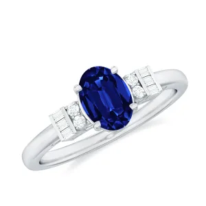 Classic Oval Lab Grown Blue Sapphire Engagement Ring with Diamond