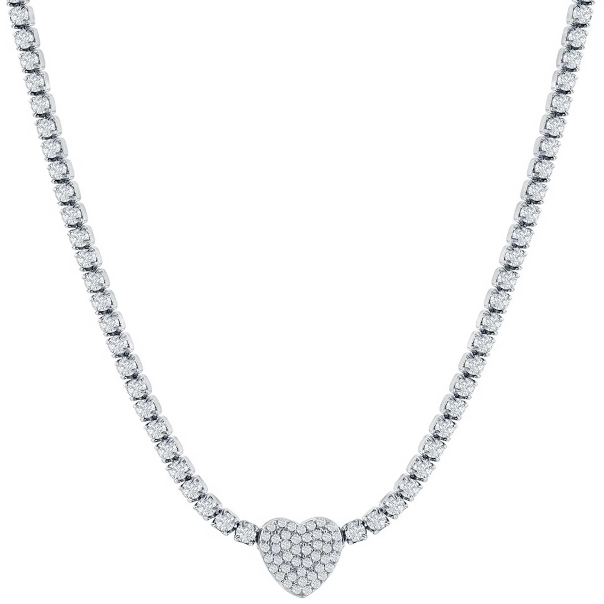 Classic Women's Necklace - Sterling Silver Heart Shape White CZ Tennis Style | M-7062