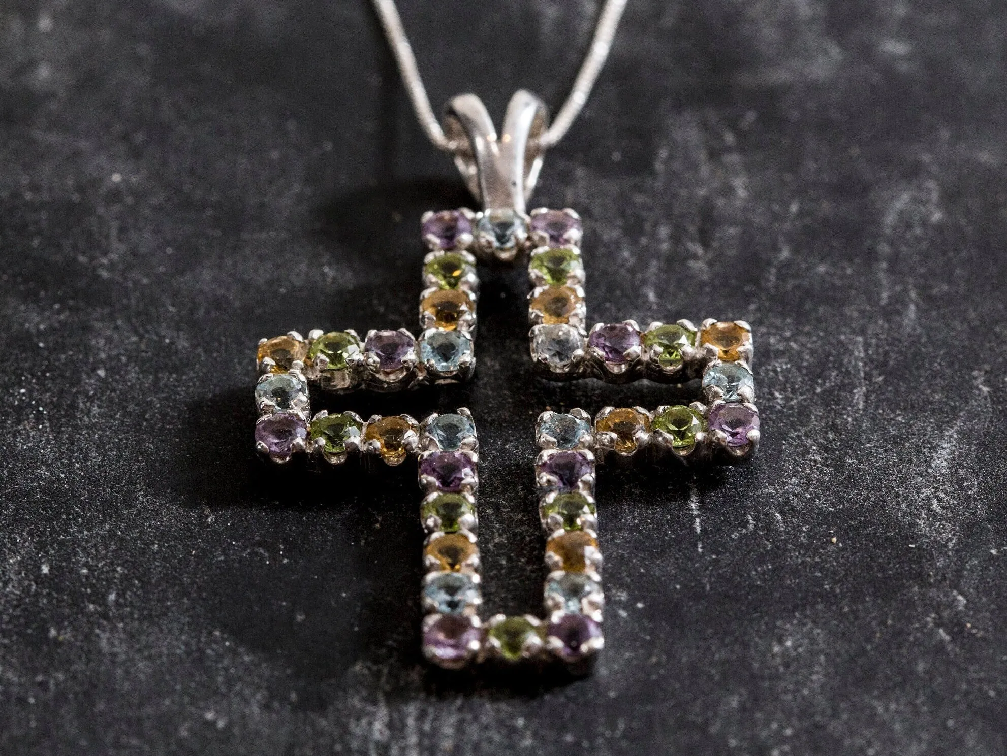 Colorful Cross Necklace - Large Amethyst Cross Pendant - Real Topaz Necklace