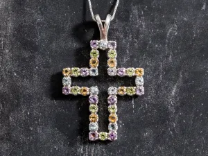 Colorful Cross Necklace - Large Amethyst Cross Pendant - Real Topaz Necklace