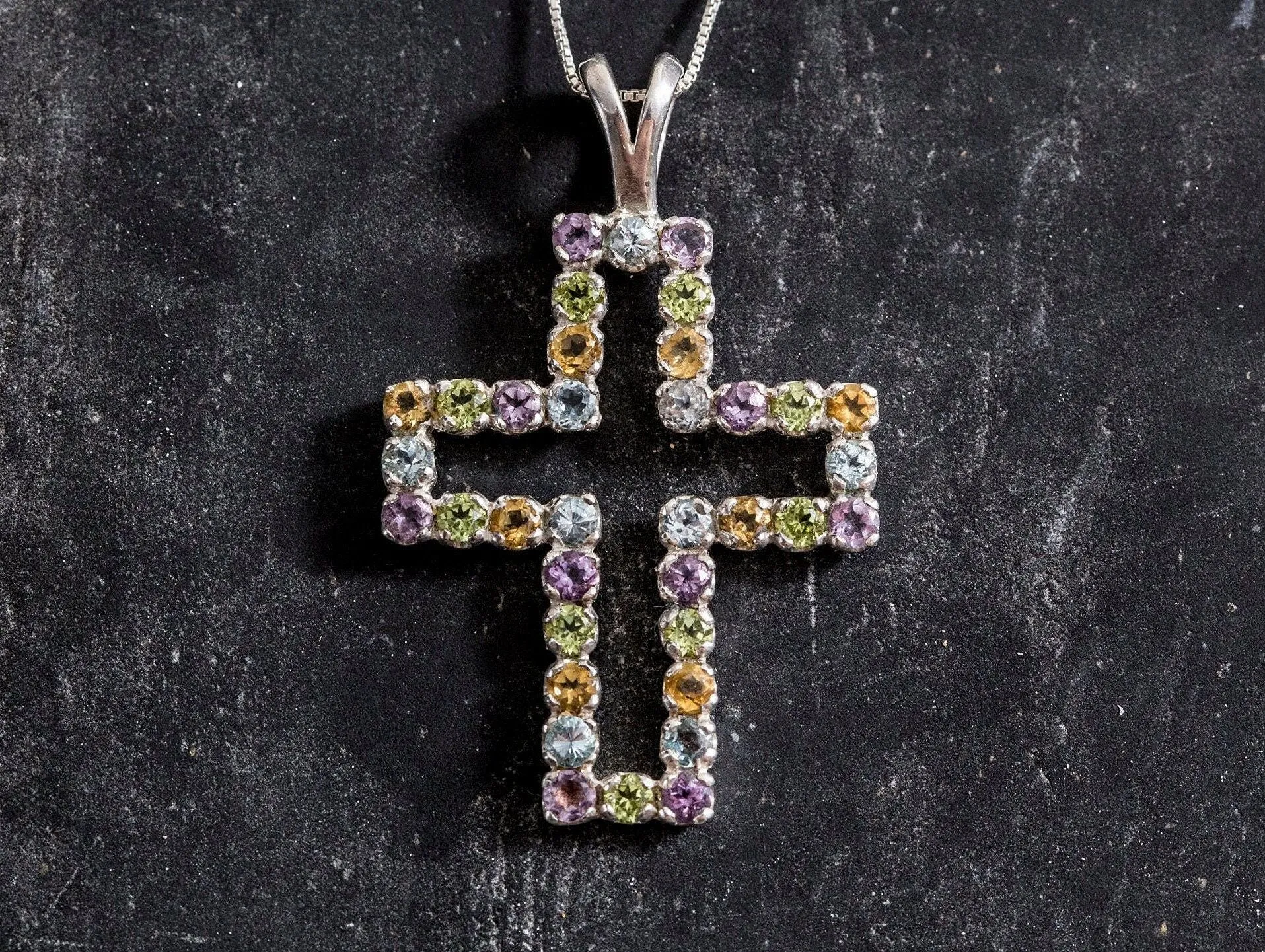 Colorful Cross Necklace - Large Amethyst Cross Pendant - Real Topaz Necklace