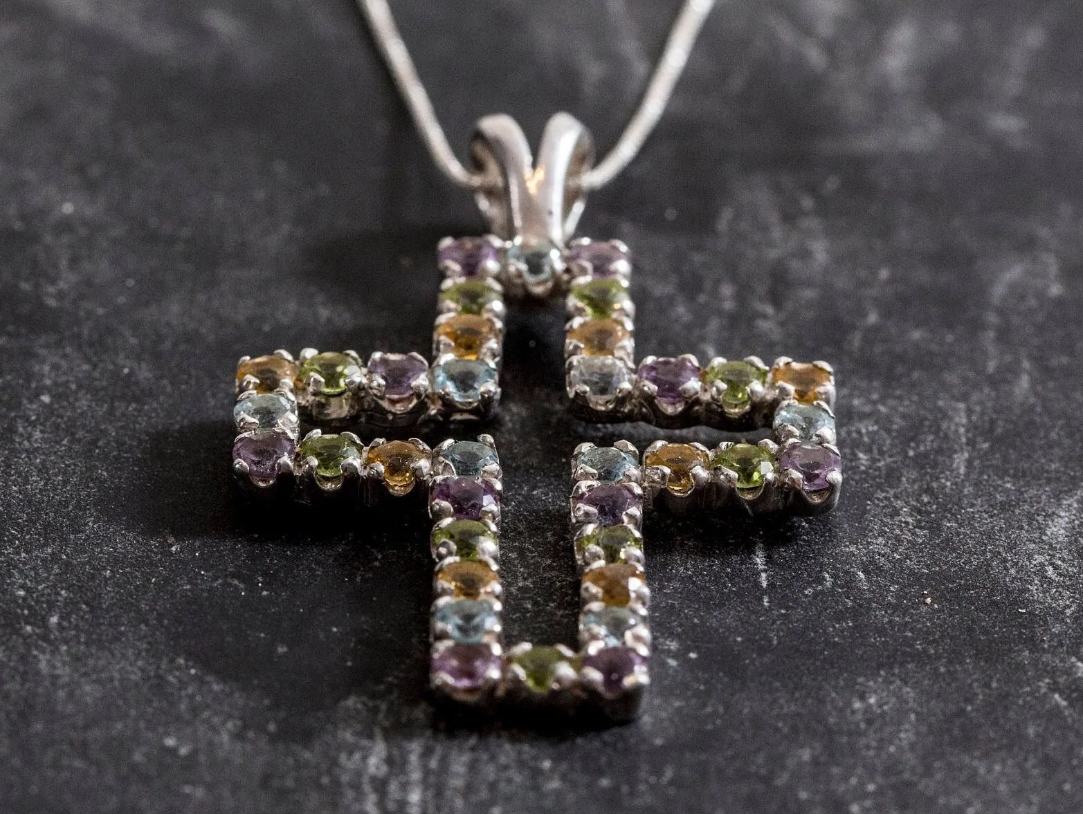 Colorful Cross Necklace - Large Amethyst Cross Pendant - Real Topaz Necklace