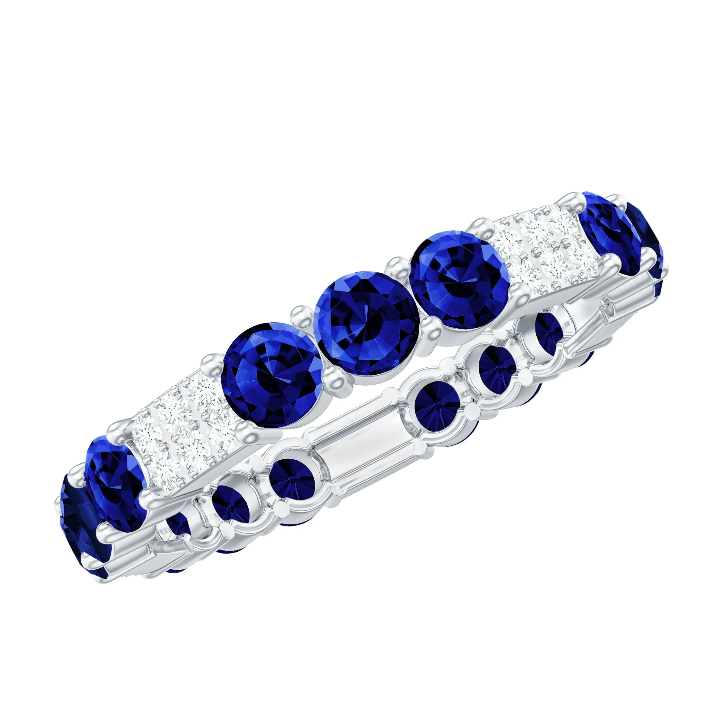 Created Blue Sapphire and Diamond Designer Eternity Band Ring