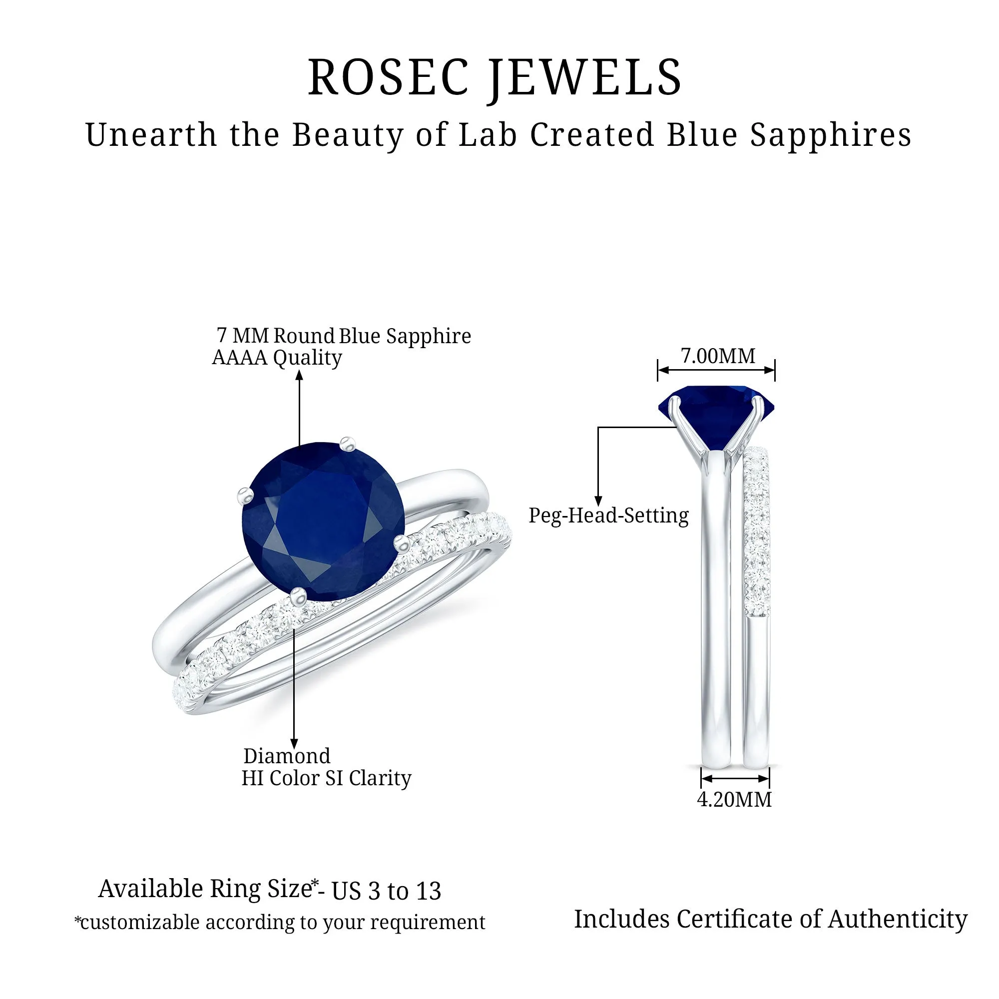 Created Blue Sapphire Solitaire Wedding Ring Set with Diamond