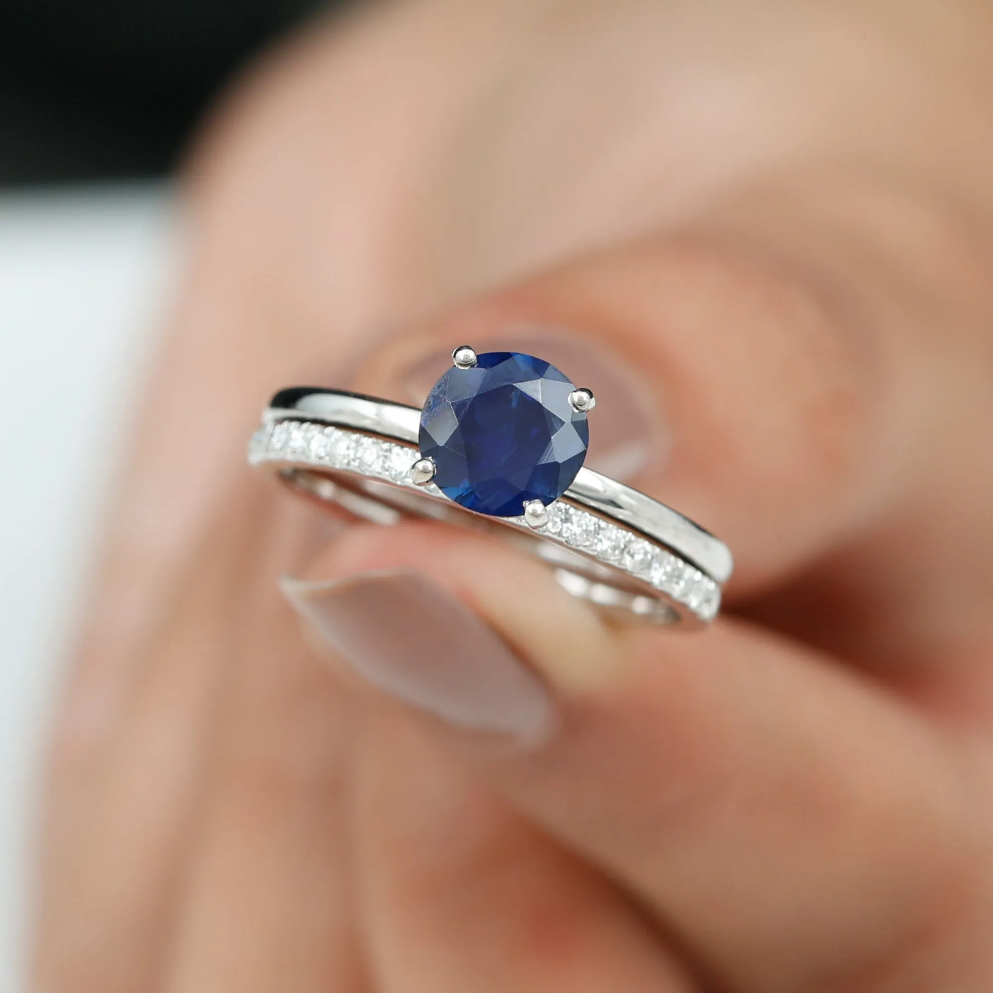 Created Blue Sapphire Solitaire Wedding Ring Set with Diamond