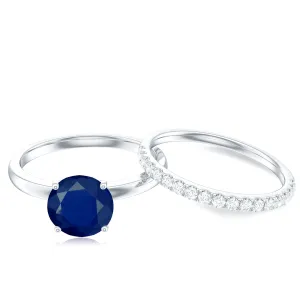 Created Blue Sapphire Solitaire Wedding Ring Set with Diamond