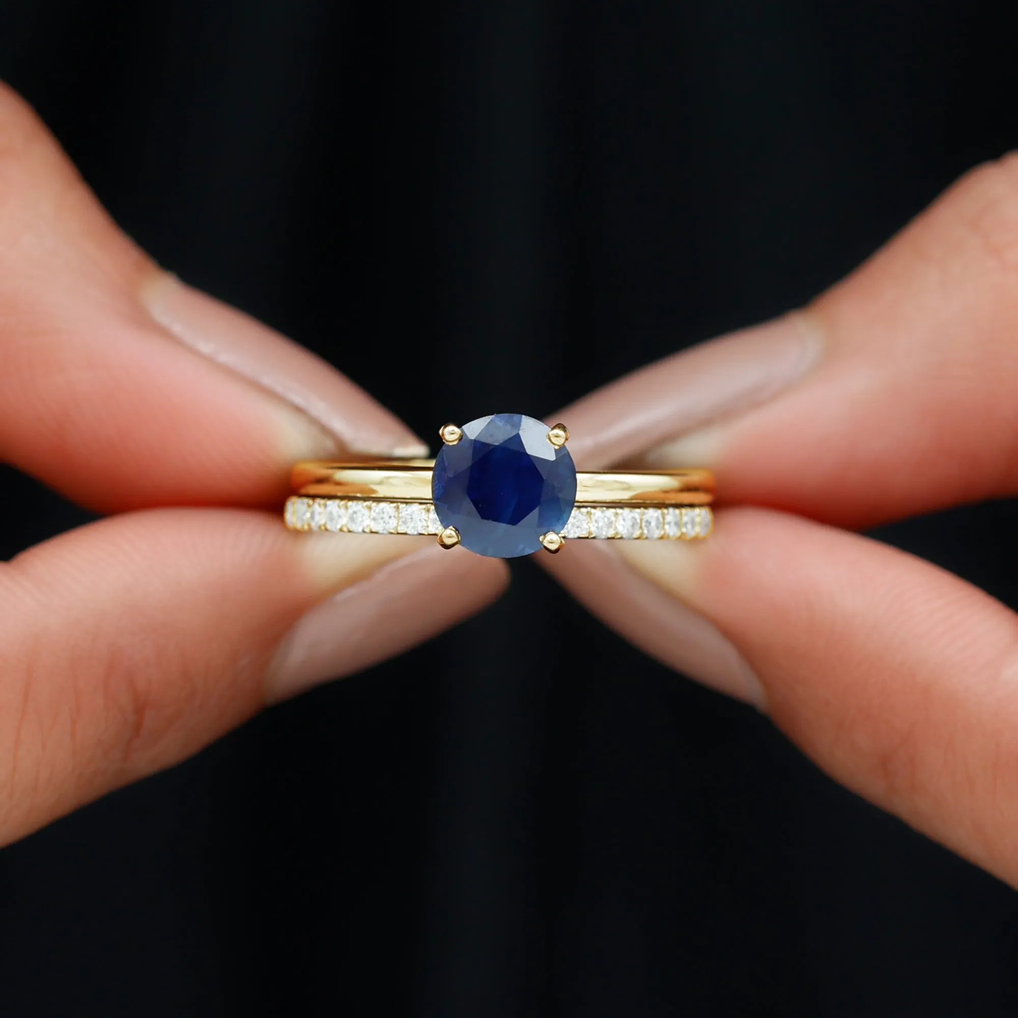 Created Blue Sapphire Solitaire Wedding Ring Set with Diamond