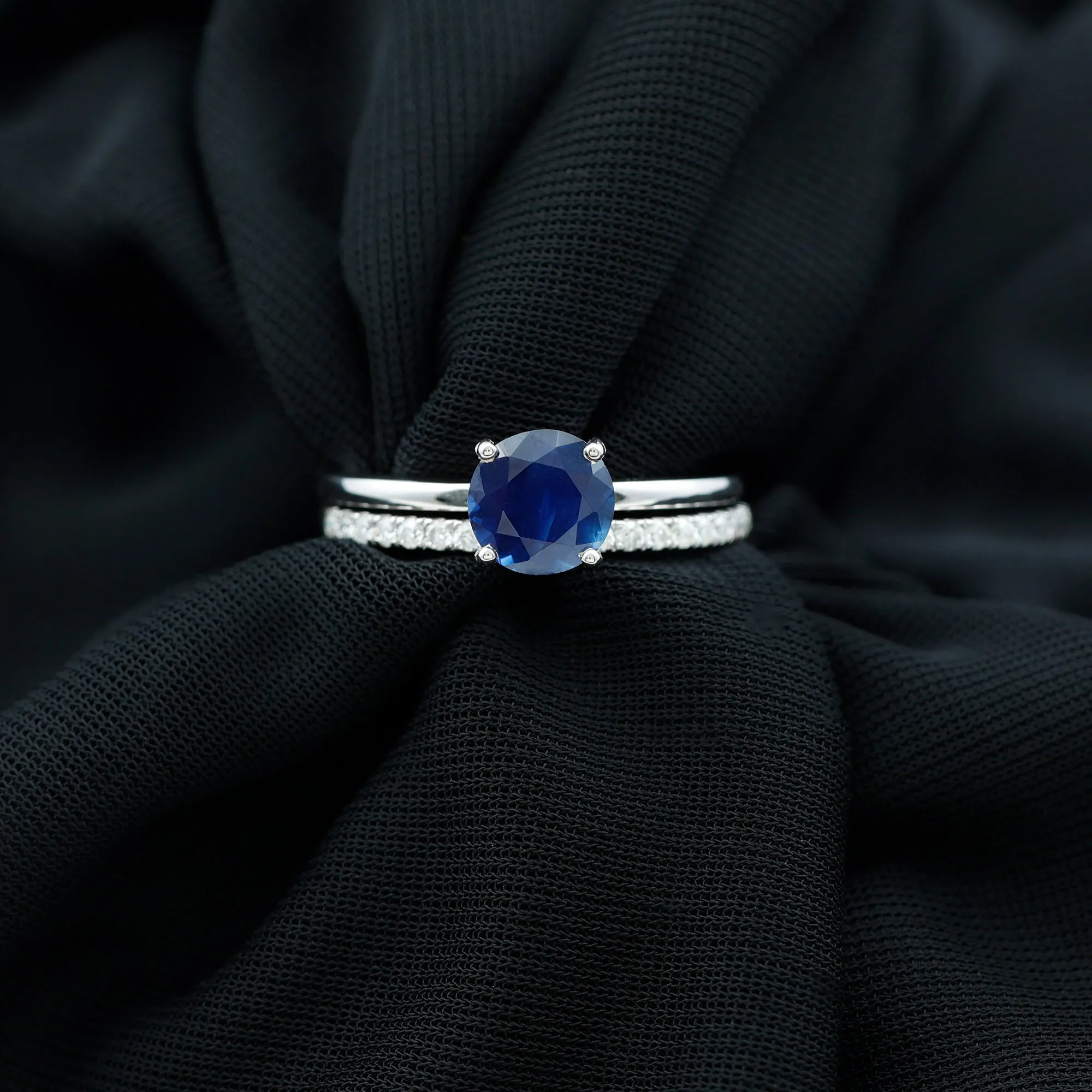 Created Blue Sapphire Solitaire Wedding Ring Set with Diamond