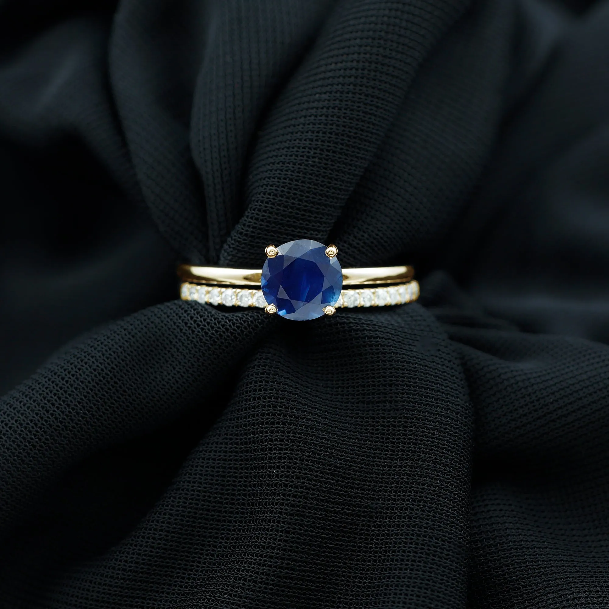 Created Blue Sapphire Solitaire Wedding Ring Set with Diamond