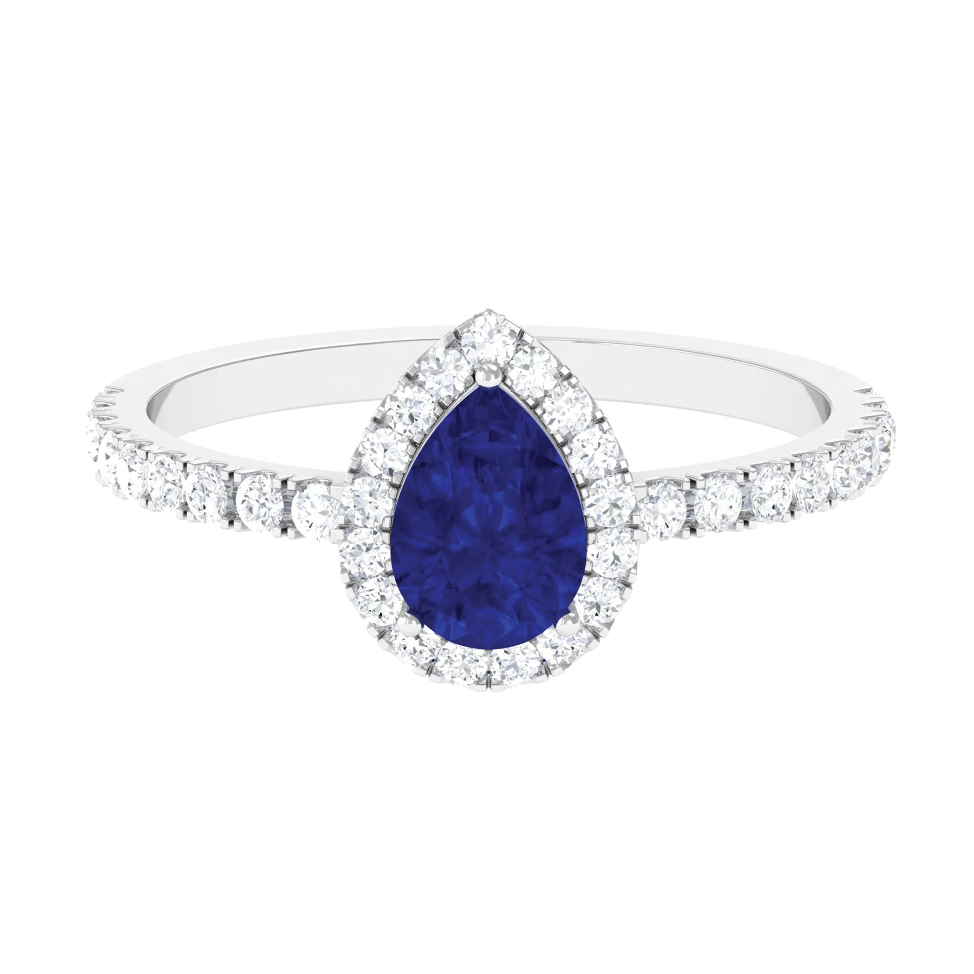 Created Blue Sapphire Teardrop Engagement Ring with Diamond Halo