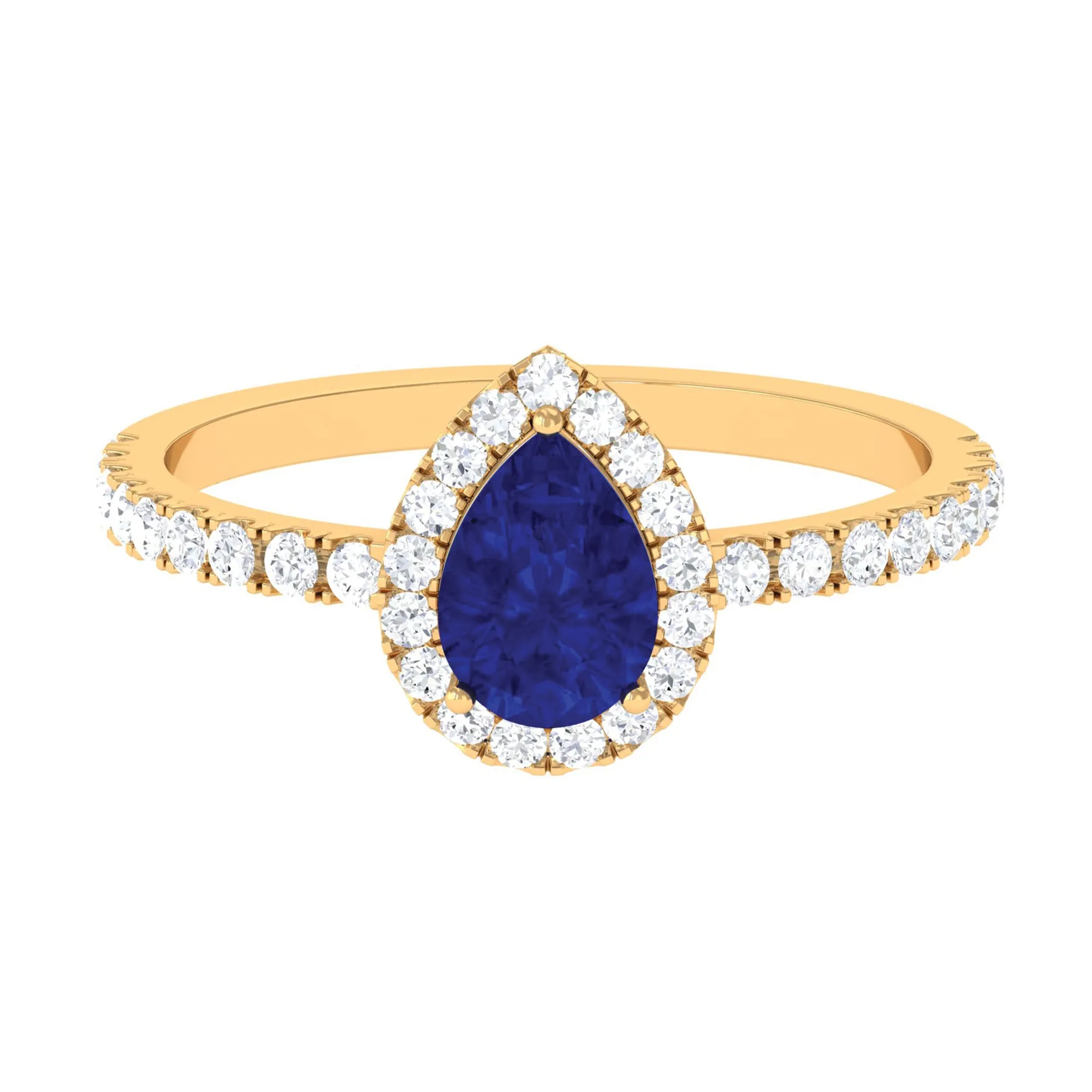 Created Blue Sapphire Teardrop Engagement Ring with Diamond Halo