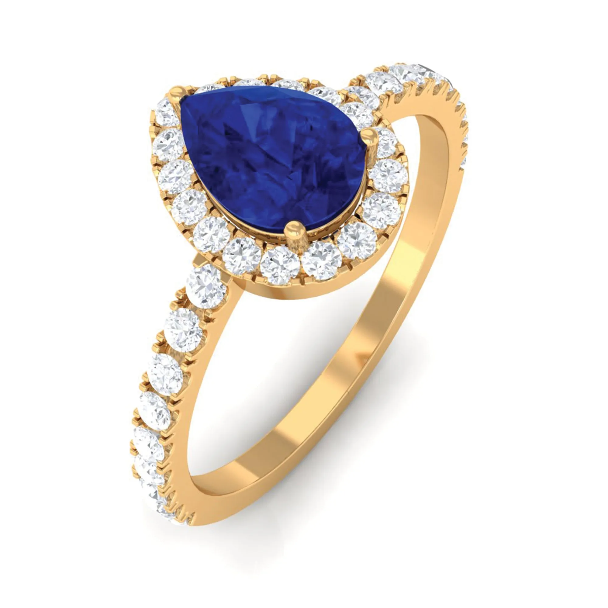 Created Blue Sapphire Teardrop Engagement Ring with Diamond Halo