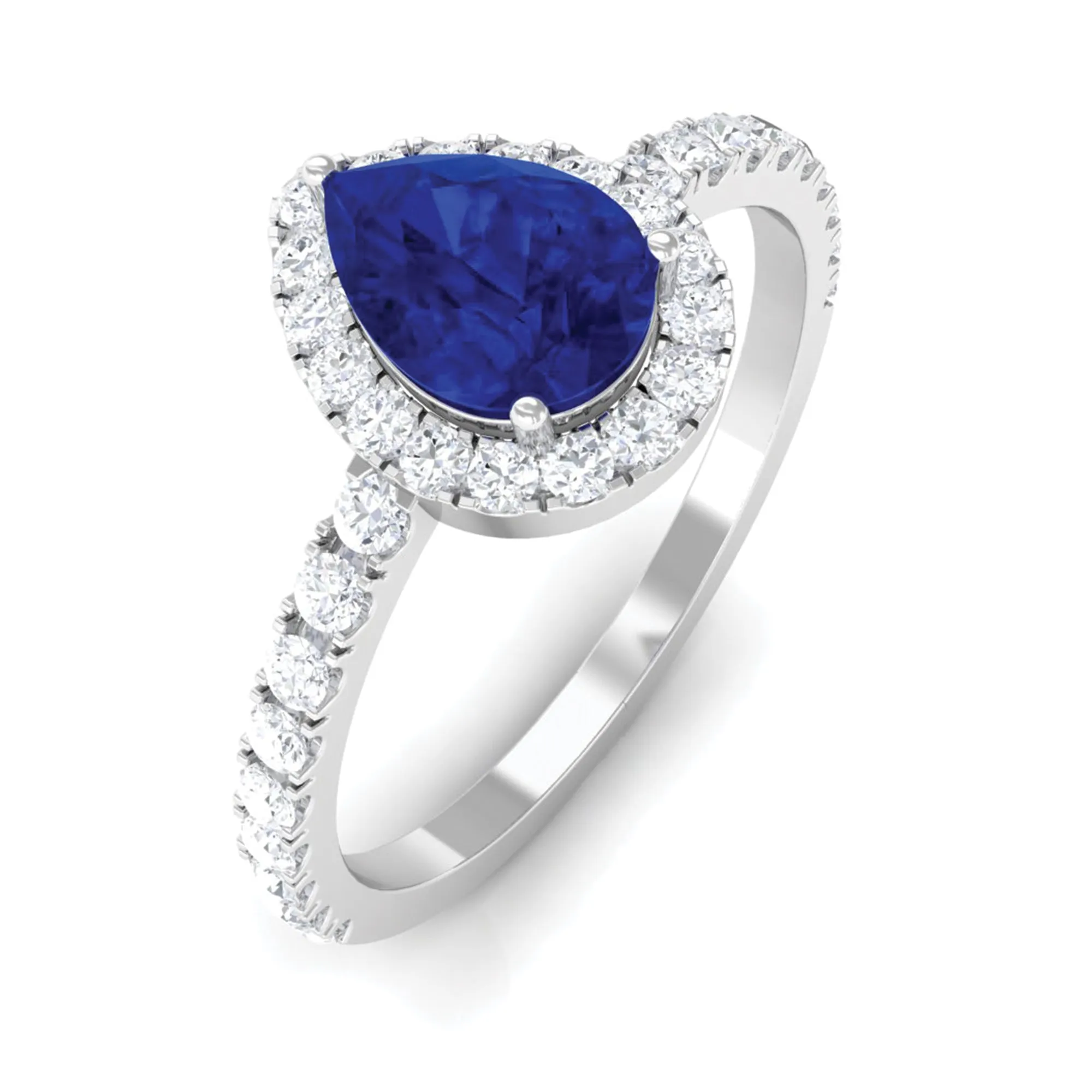 Created Blue Sapphire Teardrop Engagement Ring with Diamond Halo