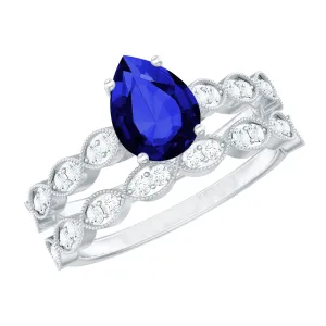 Created Blue Sapphire Wedding Ring Set With Diamond