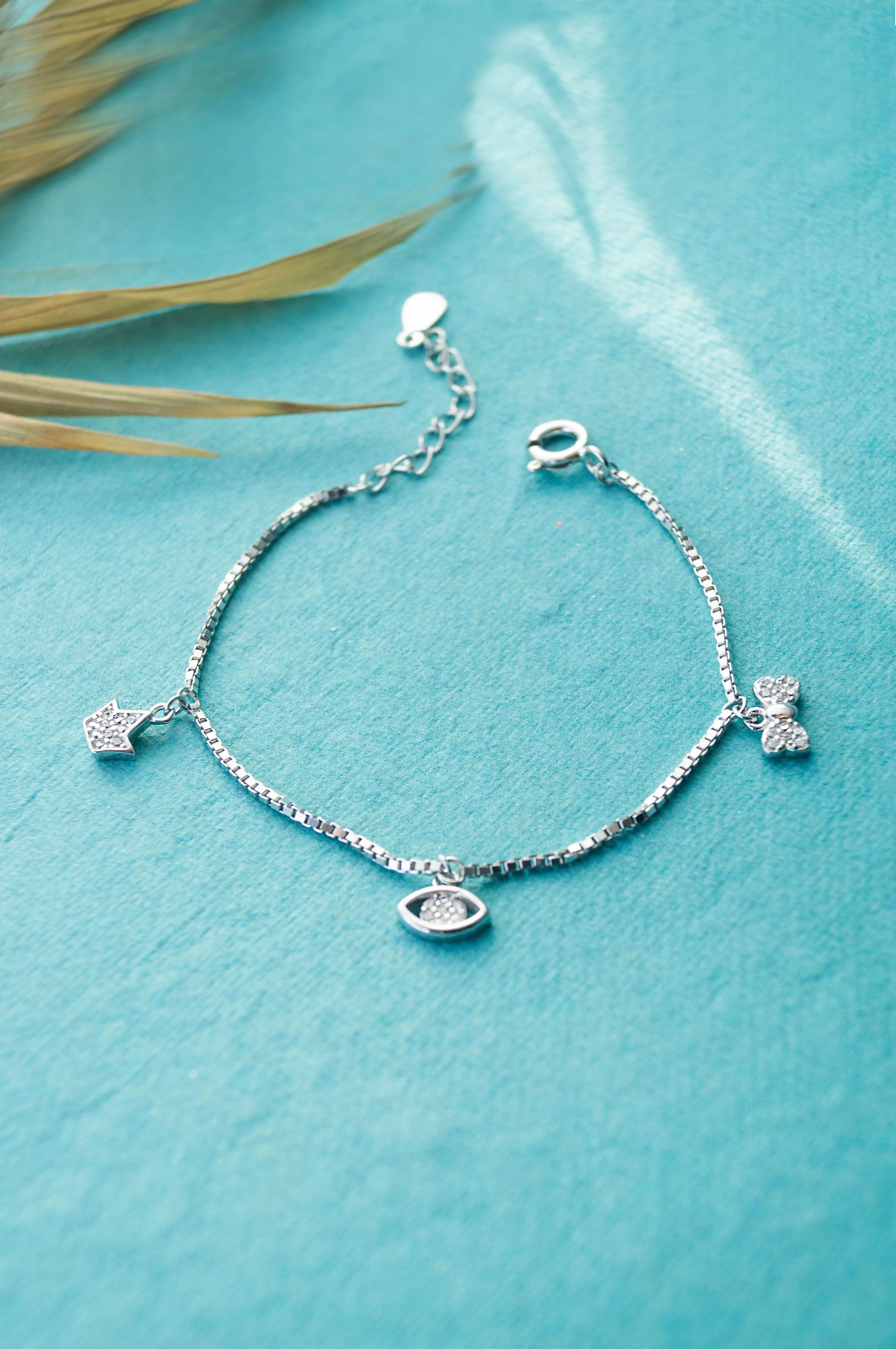 Crown Evil Eye And Bow Sterling Silver Chain Bracelet