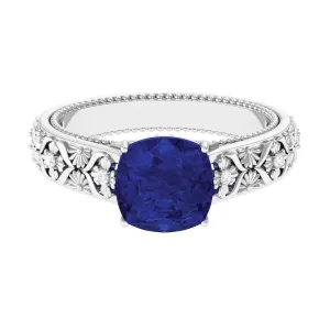 Cushion Cut Solitaire Created Blue Sapphire Floral Engagement Ring with Diamond