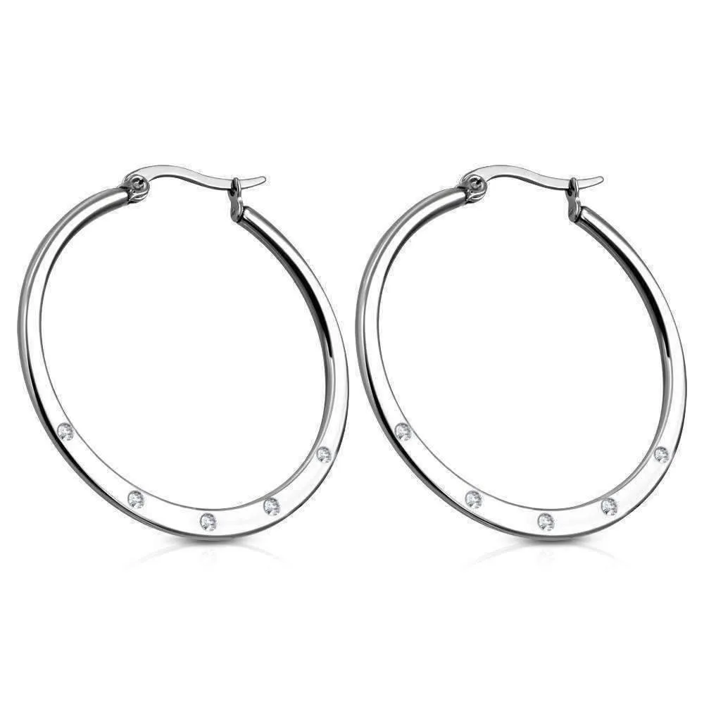 CZ Accented Polished Stainless Steel Hoop Earrings