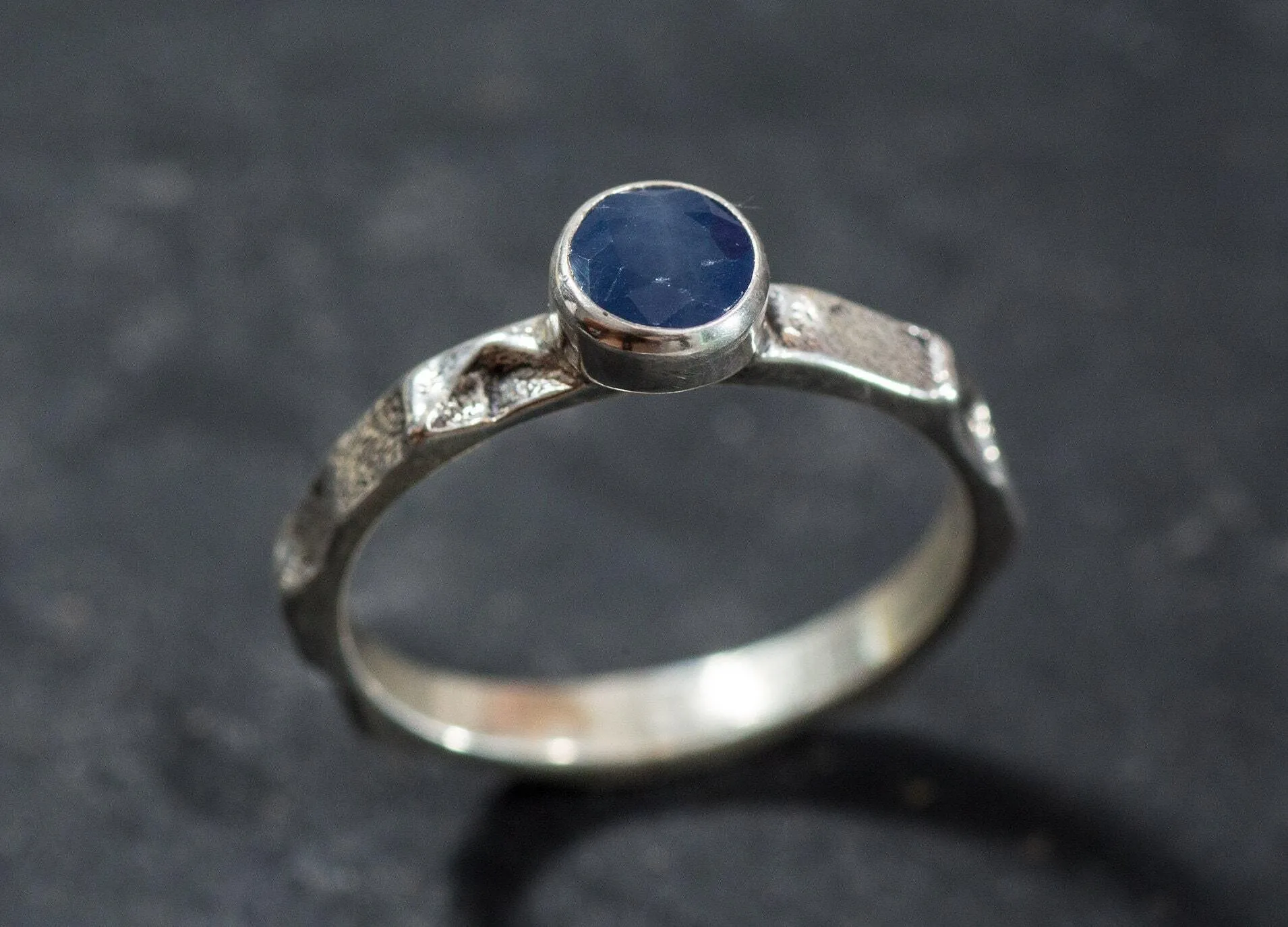 Dainty Sapphire Ring - Hammered Silver Band - Blue Bezel Ring