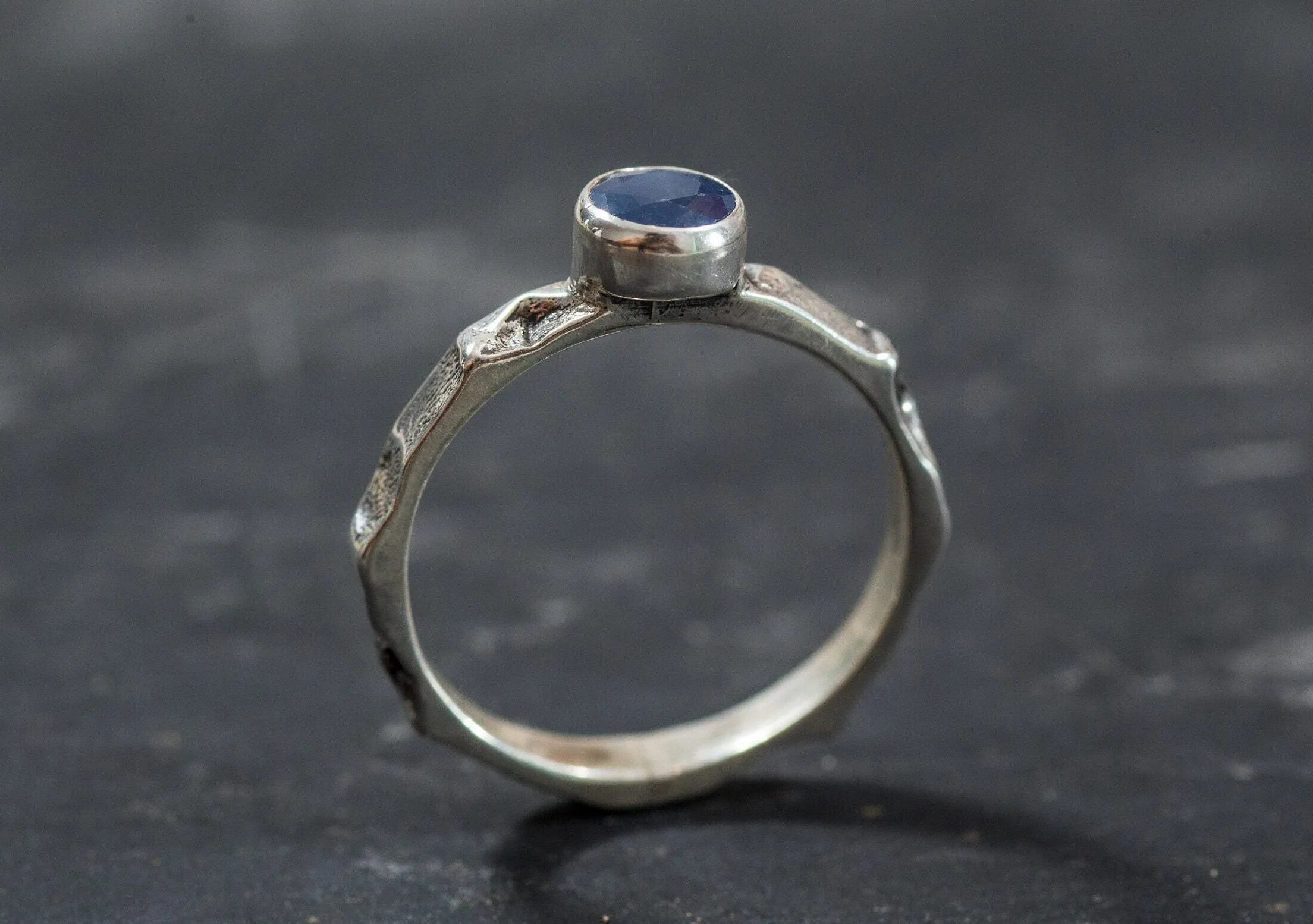 Dainty Sapphire Ring - Hammered Silver Band - Blue Bezel Ring