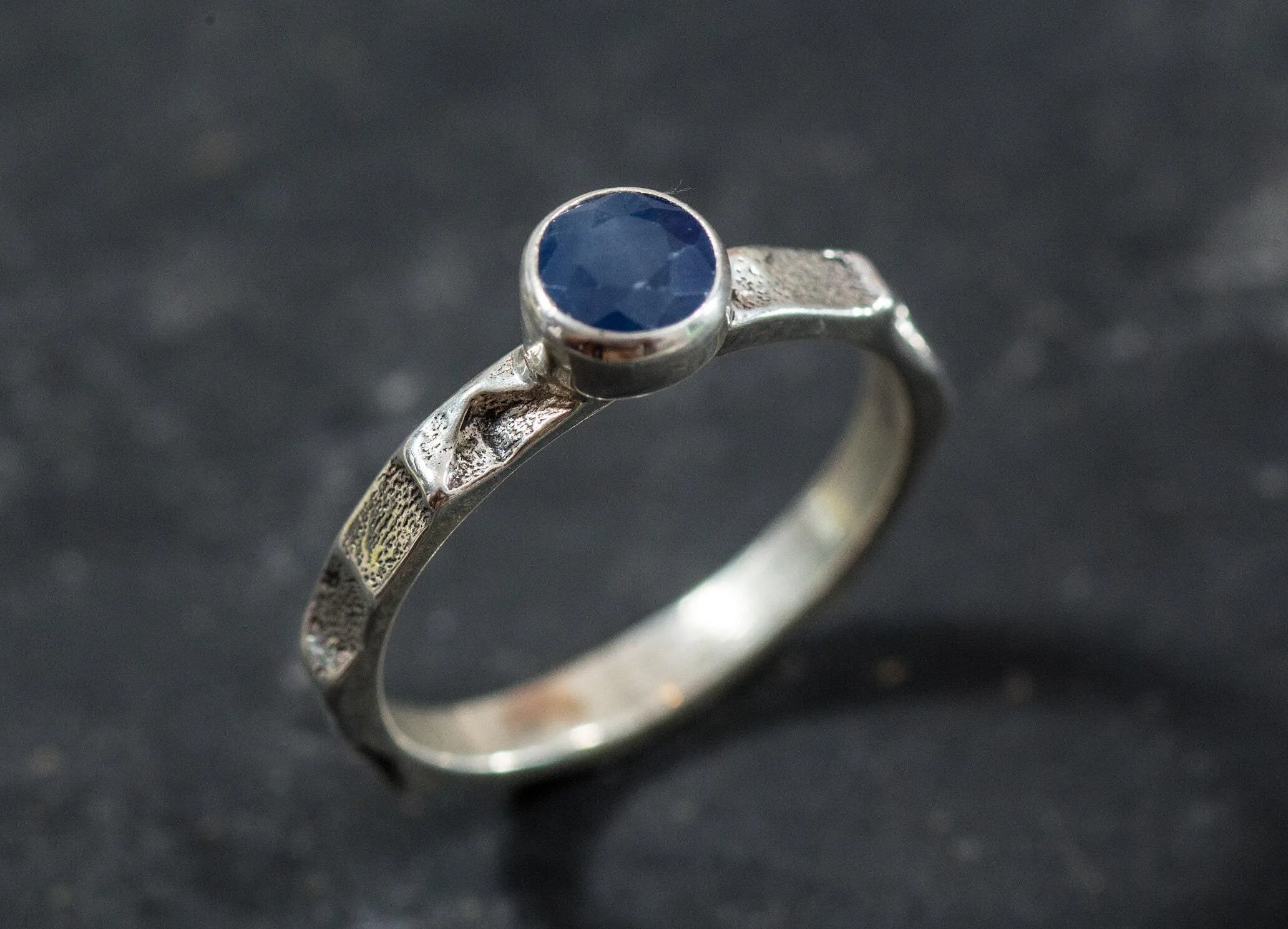 Dainty Sapphire Ring - Hammered Silver Band - Blue Bezel Ring