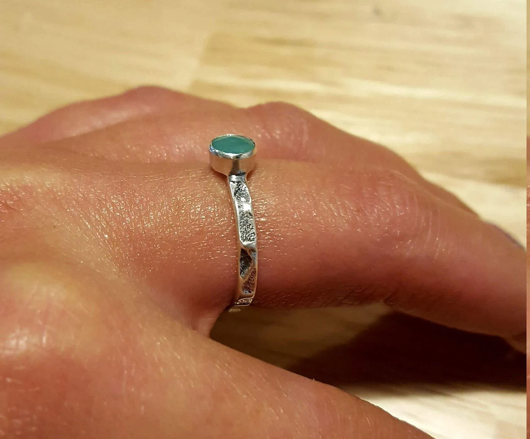 Dainty Sapphire Ring - Hammered Silver Band - Blue Bezel Ring