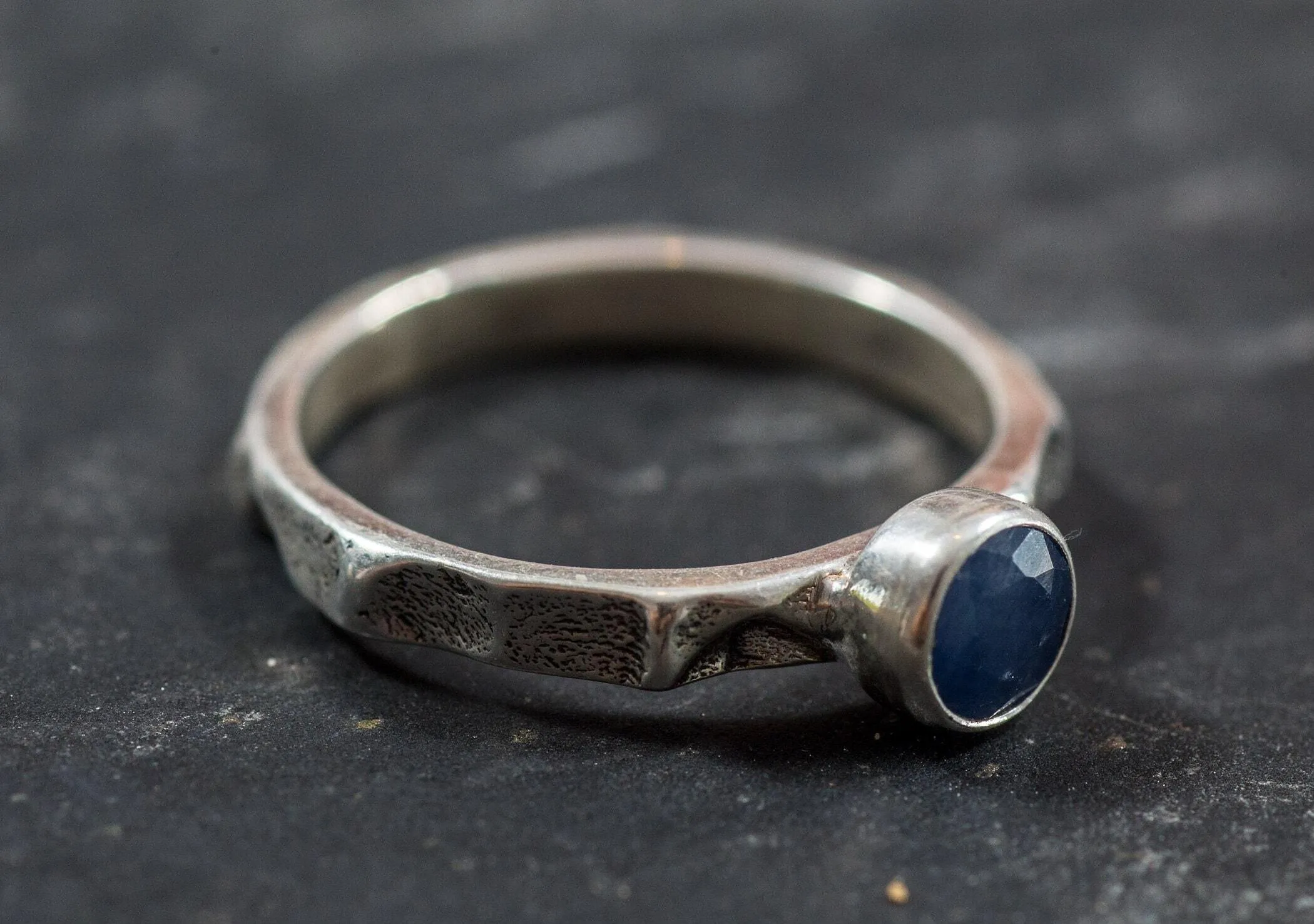 Dainty Sapphire Ring - Hammered Silver Band - Blue Bezel Ring