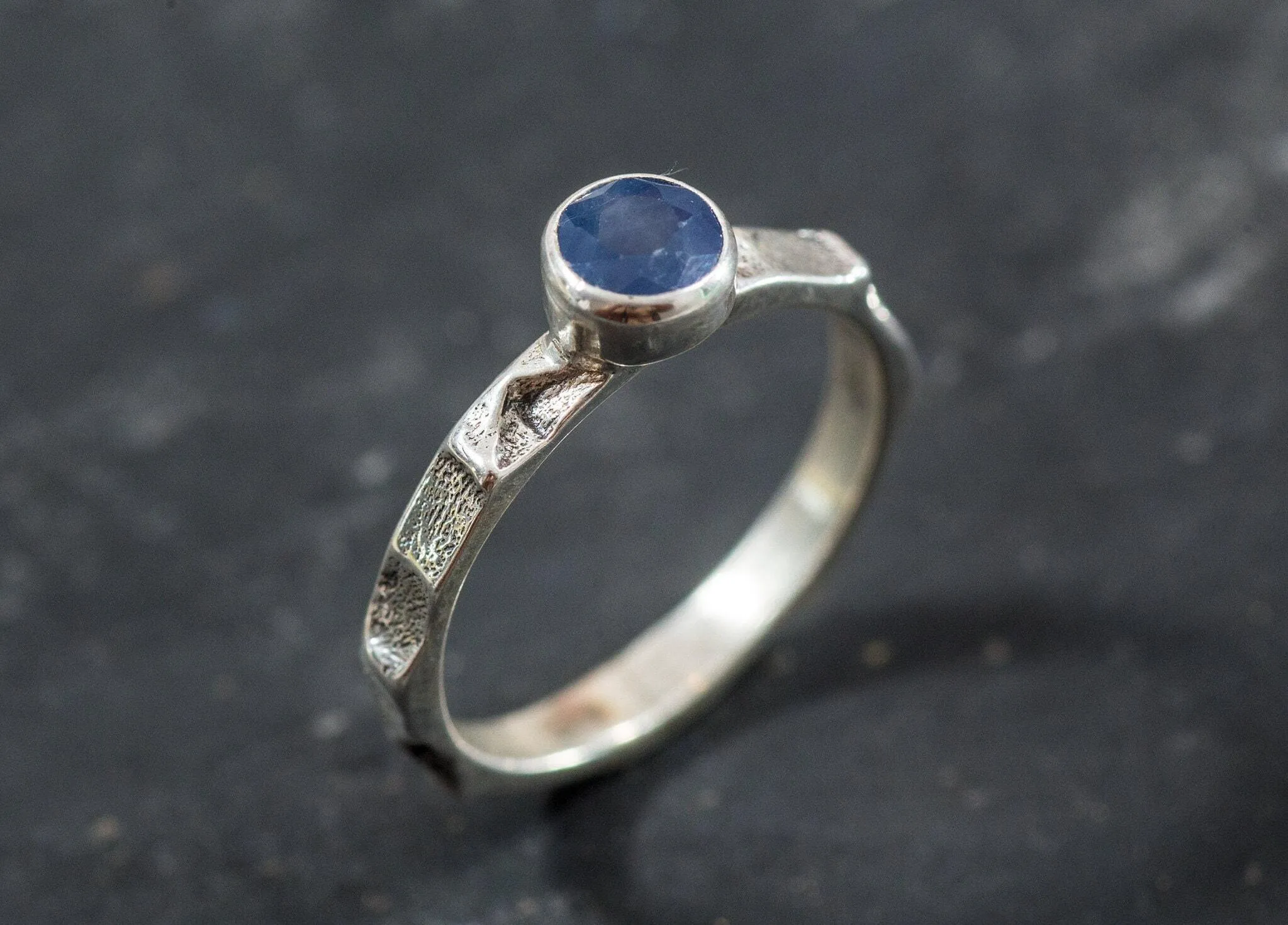 Dainty Sapphire Ring - Hammered Silver Band - Blue Bezel Ring