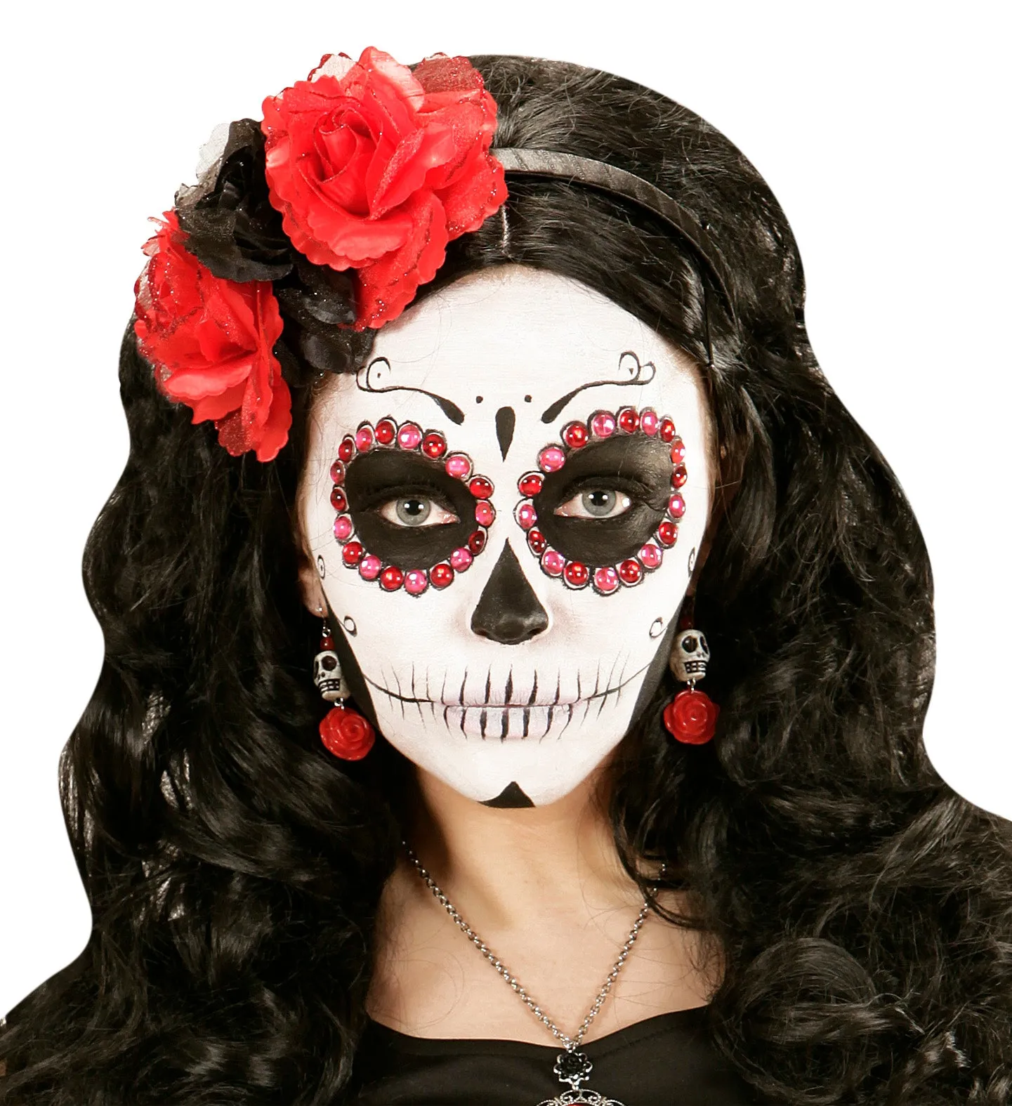 Day of the Dead White Skull Red Rose Earrings