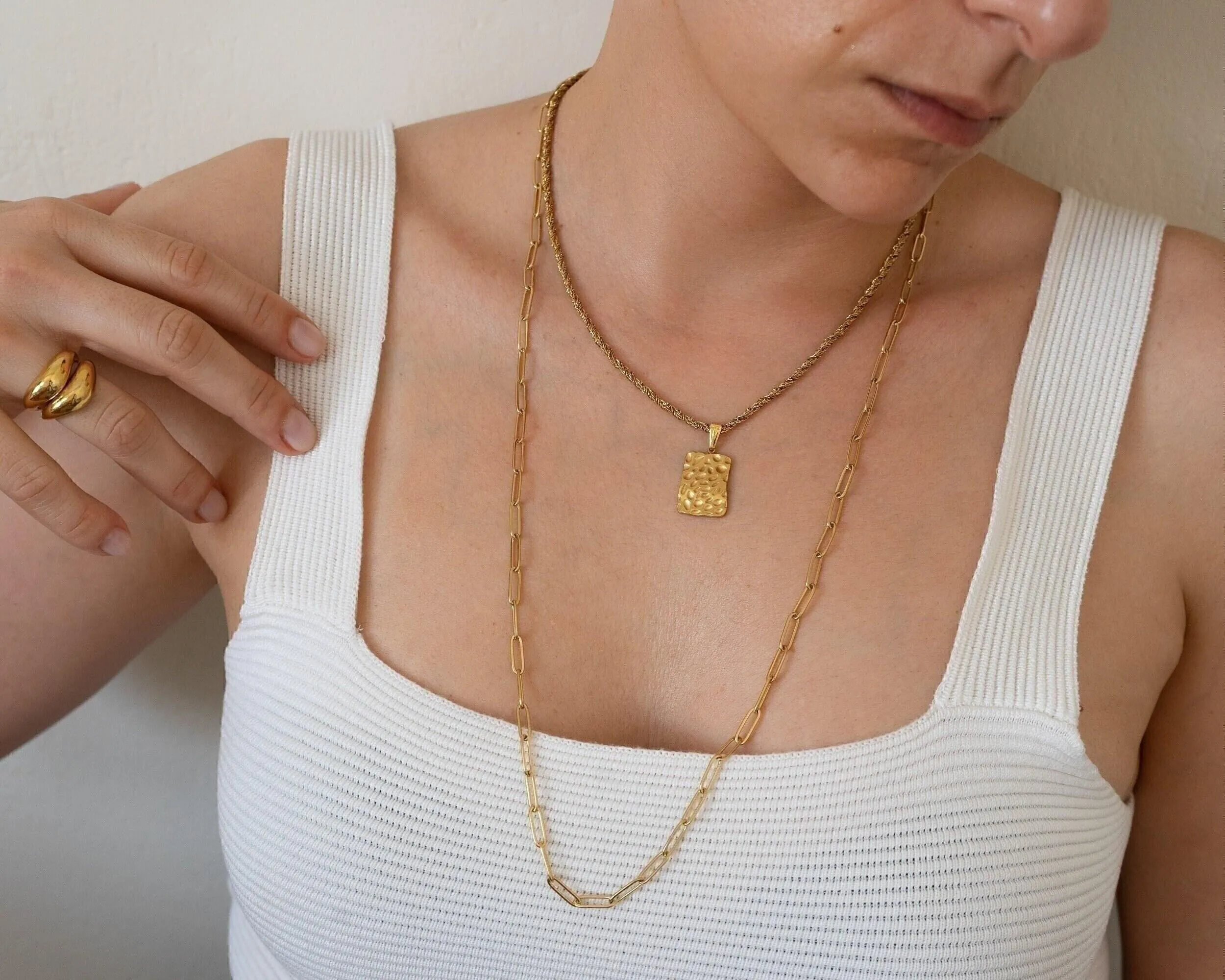 Delicate Gold Flat Oval Long Chain Necklace