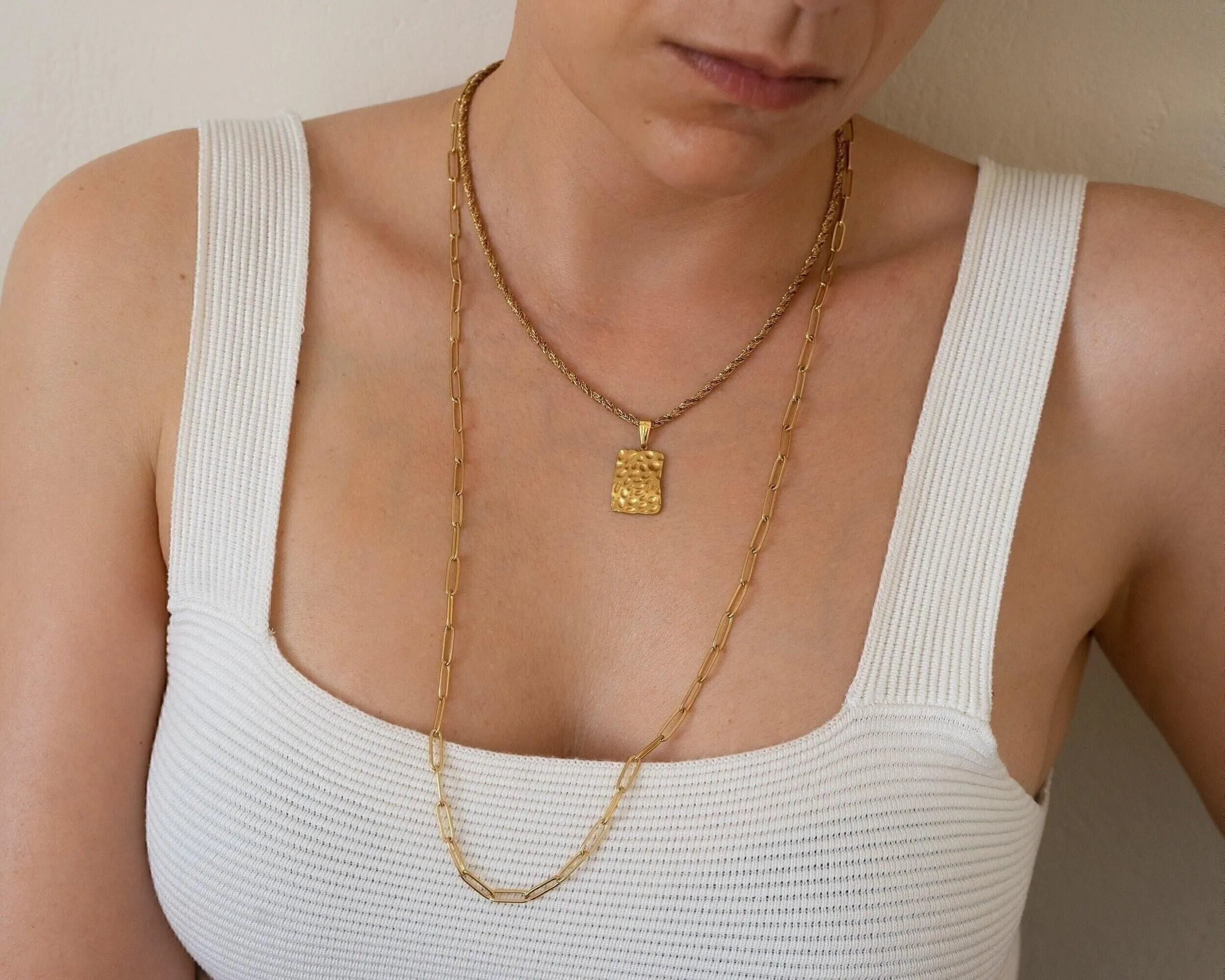 Delicate Gold Flat Oval Long Chain Necklace