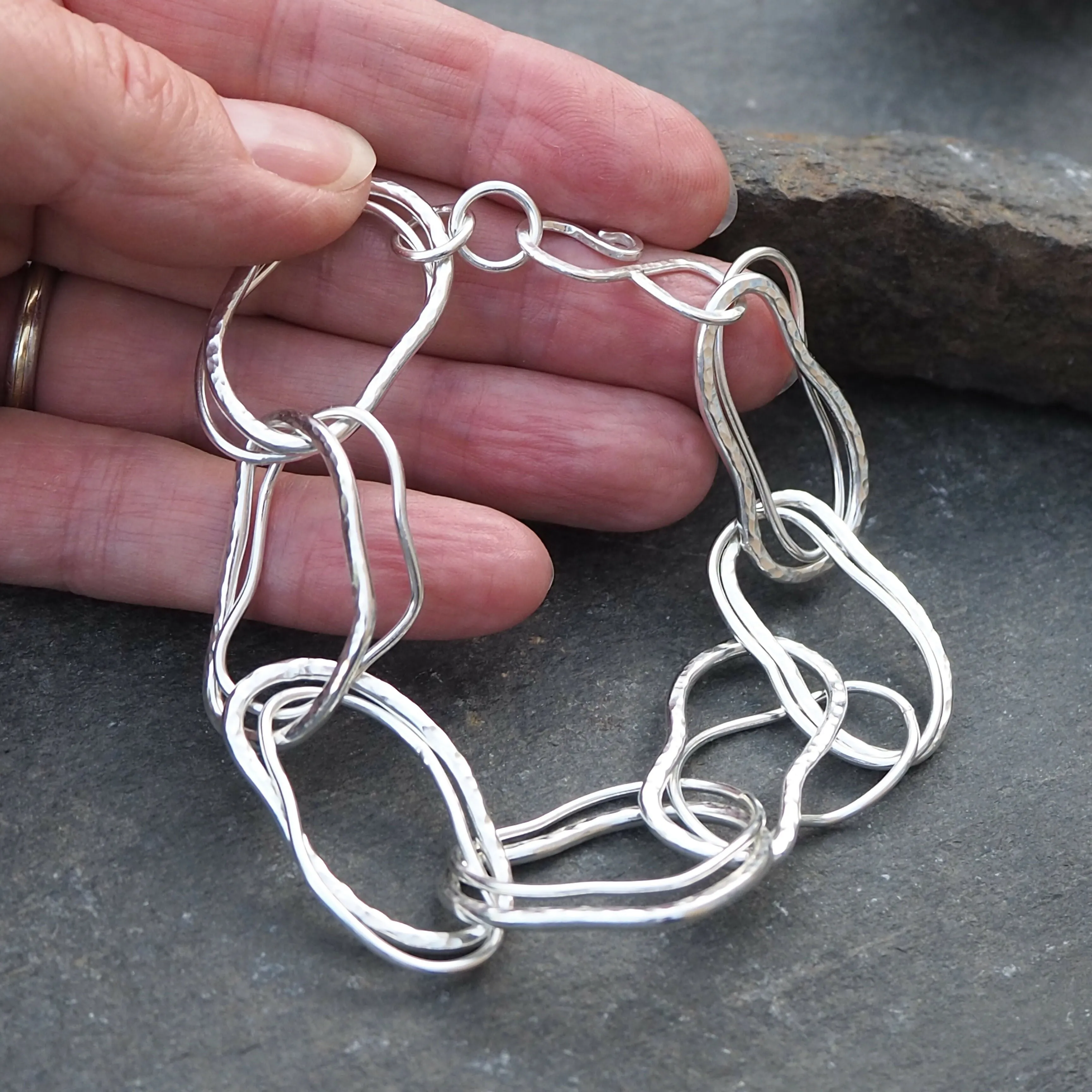 Double Link Argentium Silver Hallmarked Bracelet - Hammered Silver