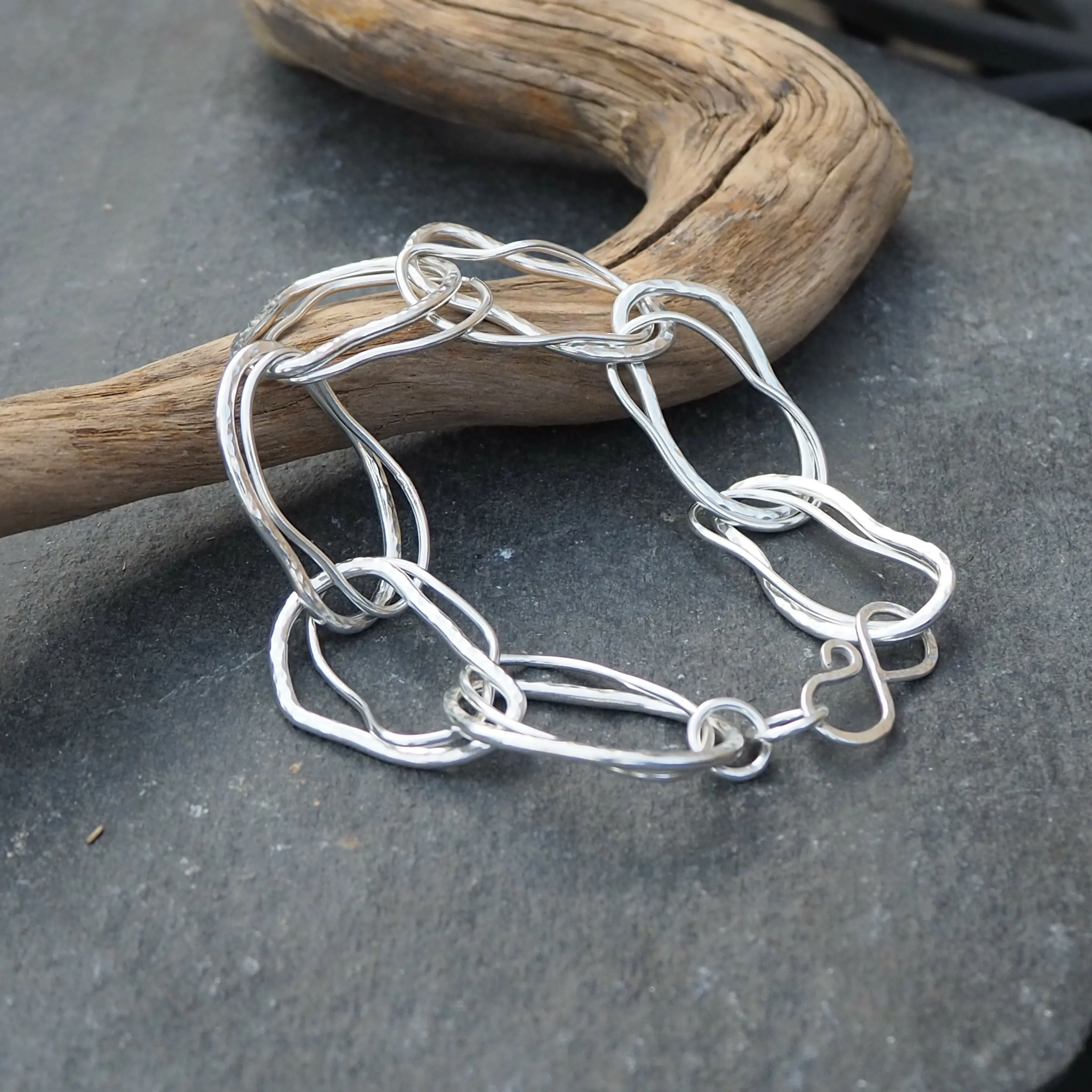 Double Link Argentium Silver Hallmarked Bracelet - Hammered Silver