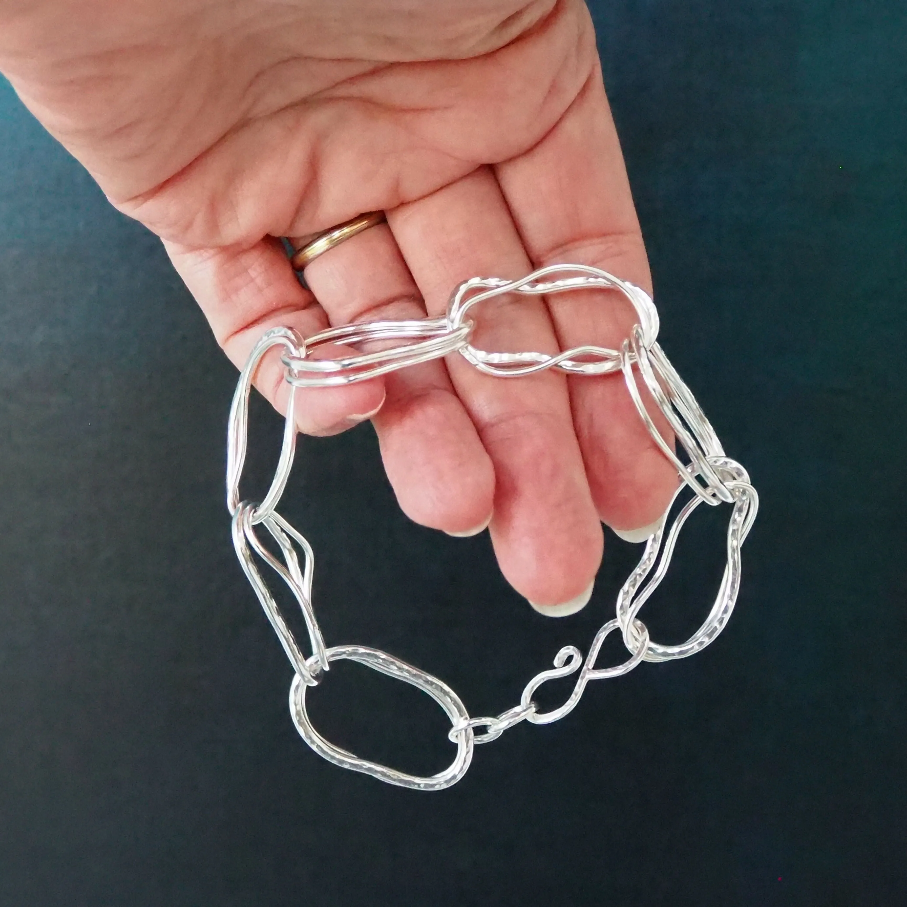 Double Link Argentium Silver Hallmarked Bracelet - Hammered Silver