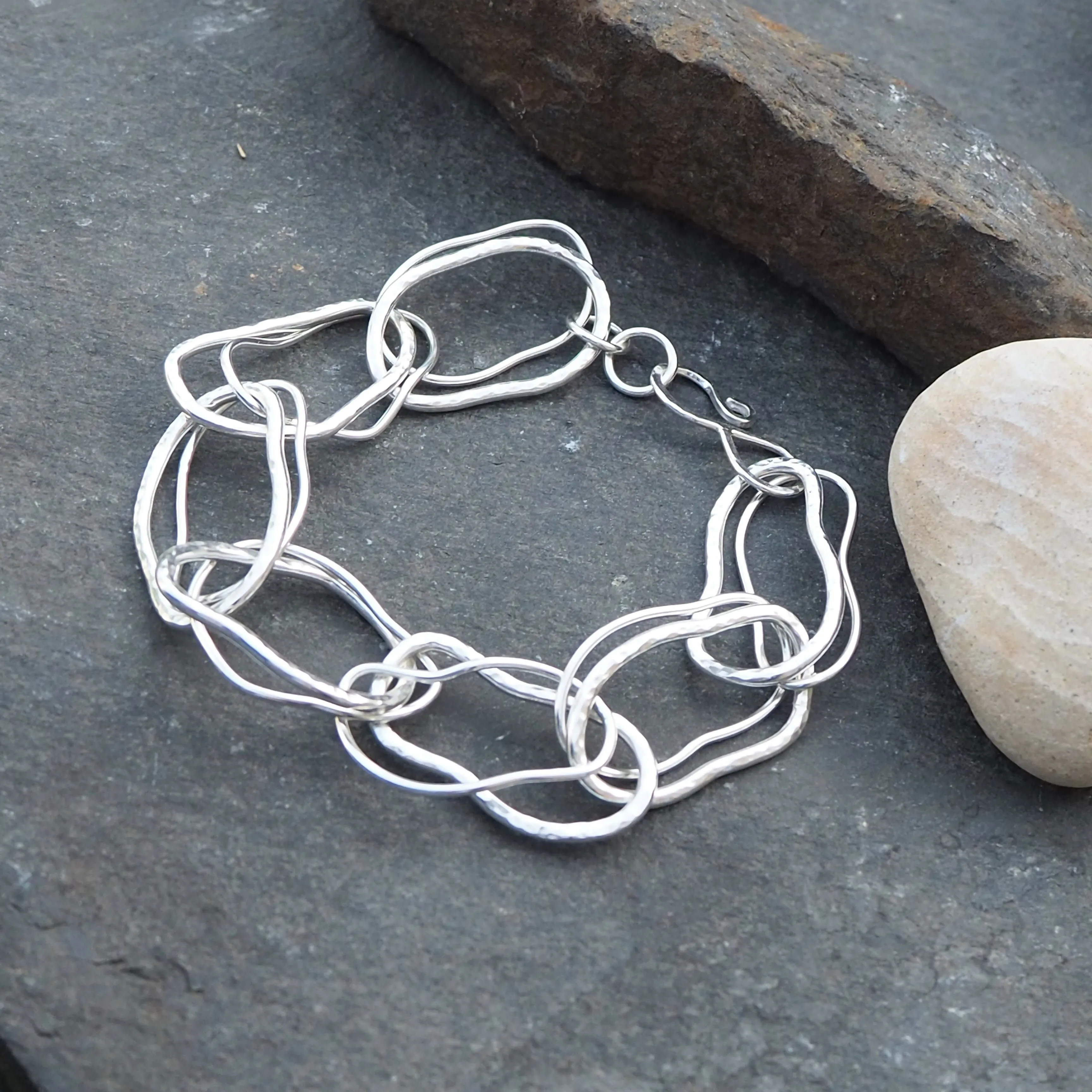 Double Link Argentium Silver Hallmarked Bracelet - Hammered Silver