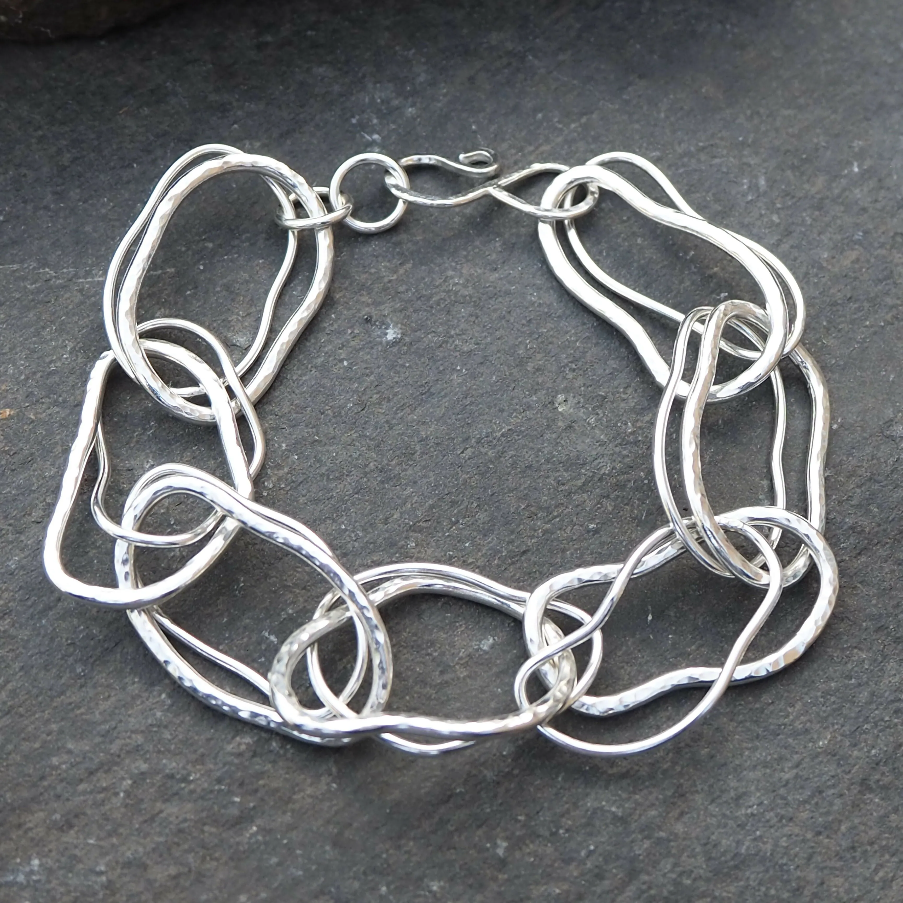 Double Link Argentium Silver Hallmarked Bracelet - Hammered Silver