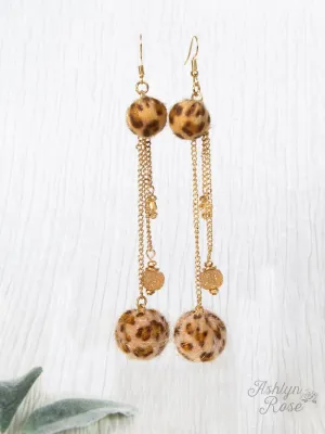 Double The Pom Earrings, Light Brown Leopard