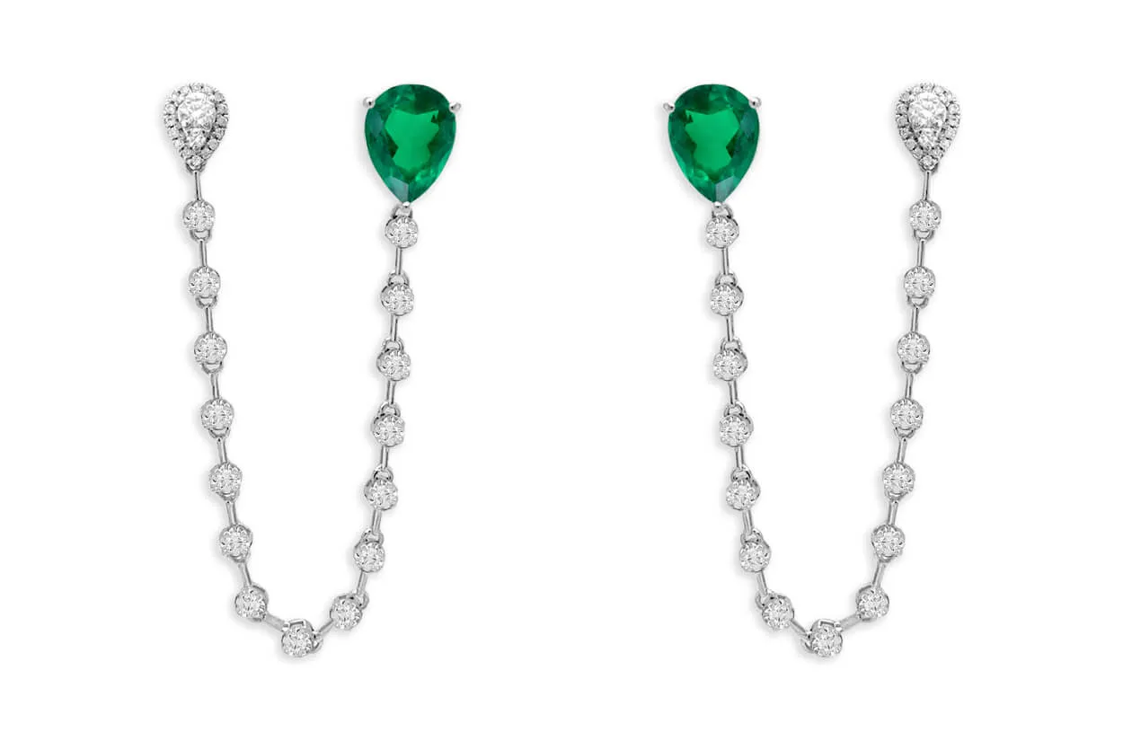 Earrings 18kt Gold Pear Emerald & Diamonds Double Stud