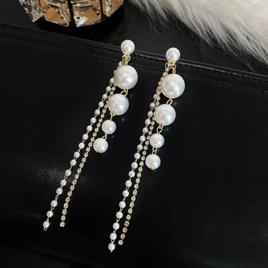 Elegant Dangling Pearl and Rhinestone Earrings