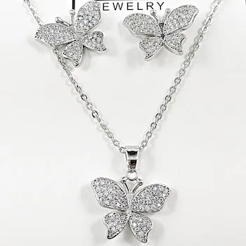 Elegant Pave CZ Butterfly Earring Necklace Brass Set