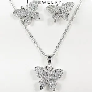 Elegant Pave CZ Butterfly Earring Necklace Brass Set