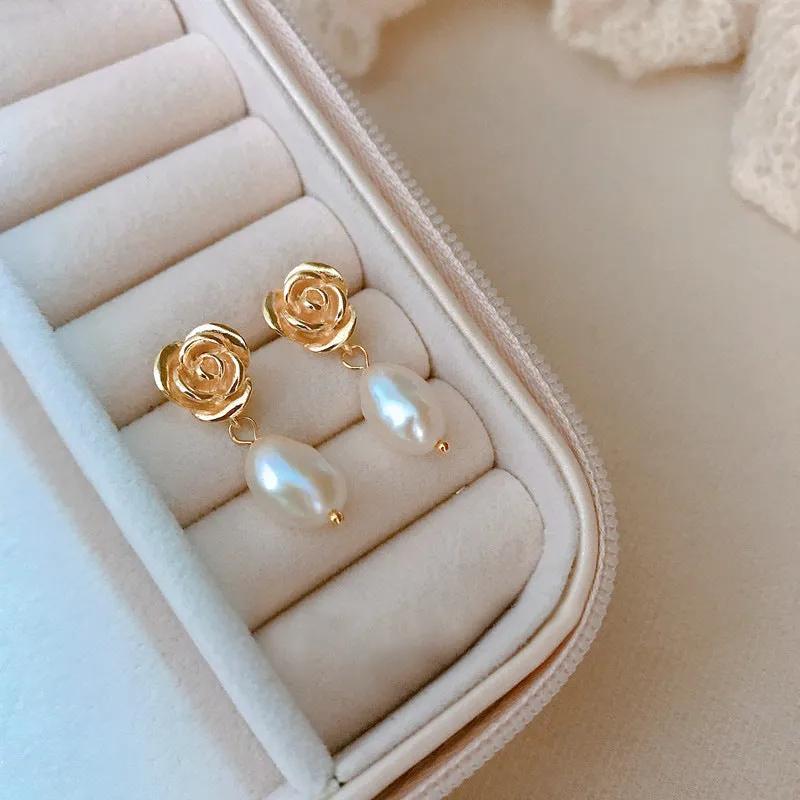 Elegant Rose Pearl Sterling Silver Earrings